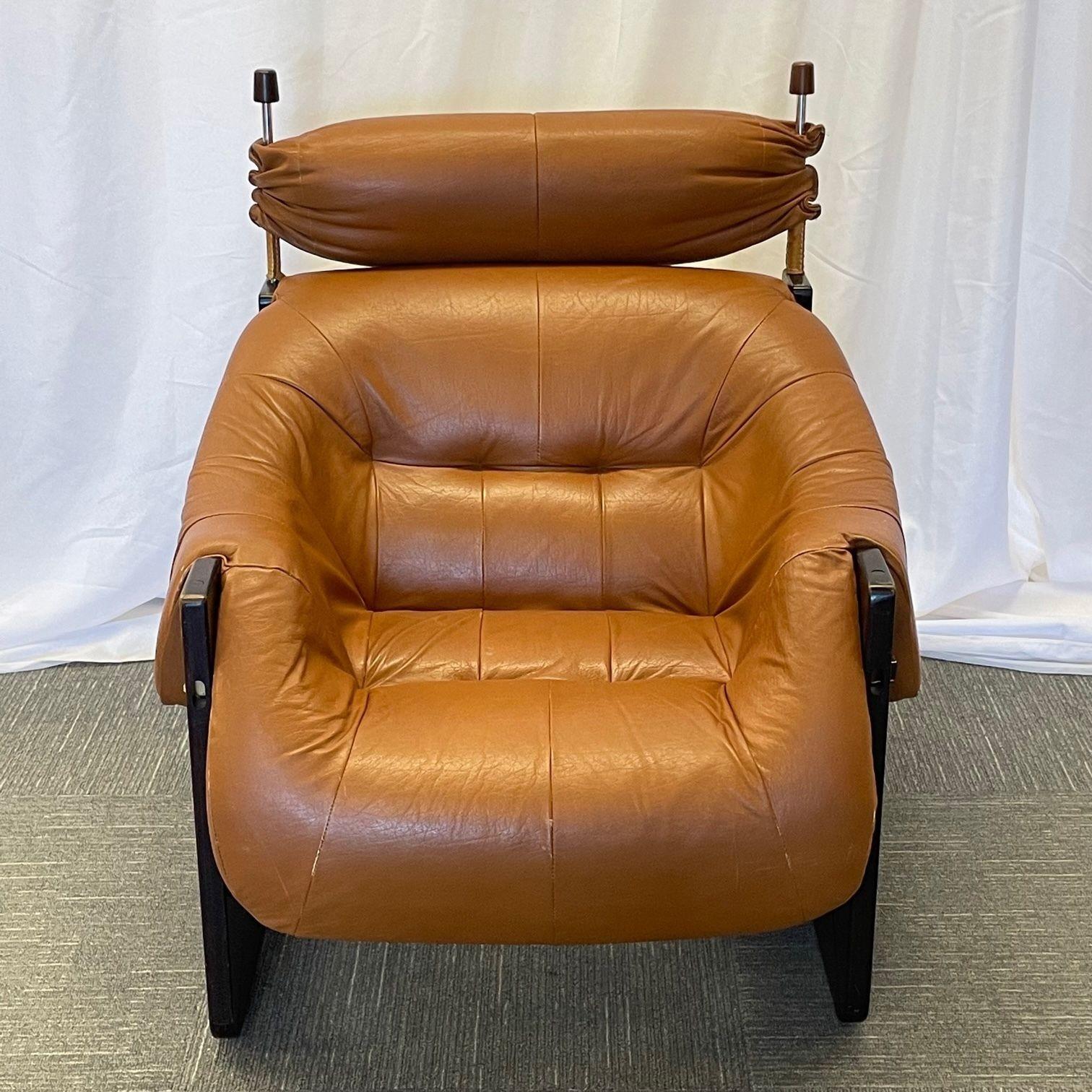 Leather Mid-Century Modern Percival Lafer Lounge Chairs, Ottoman, Brazilian Rosewood