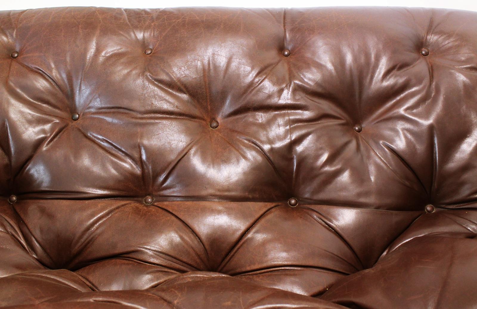 Hardwood Mid Century Modern Percival Lafer Style  Tufted  Leather Sofa, 1970s