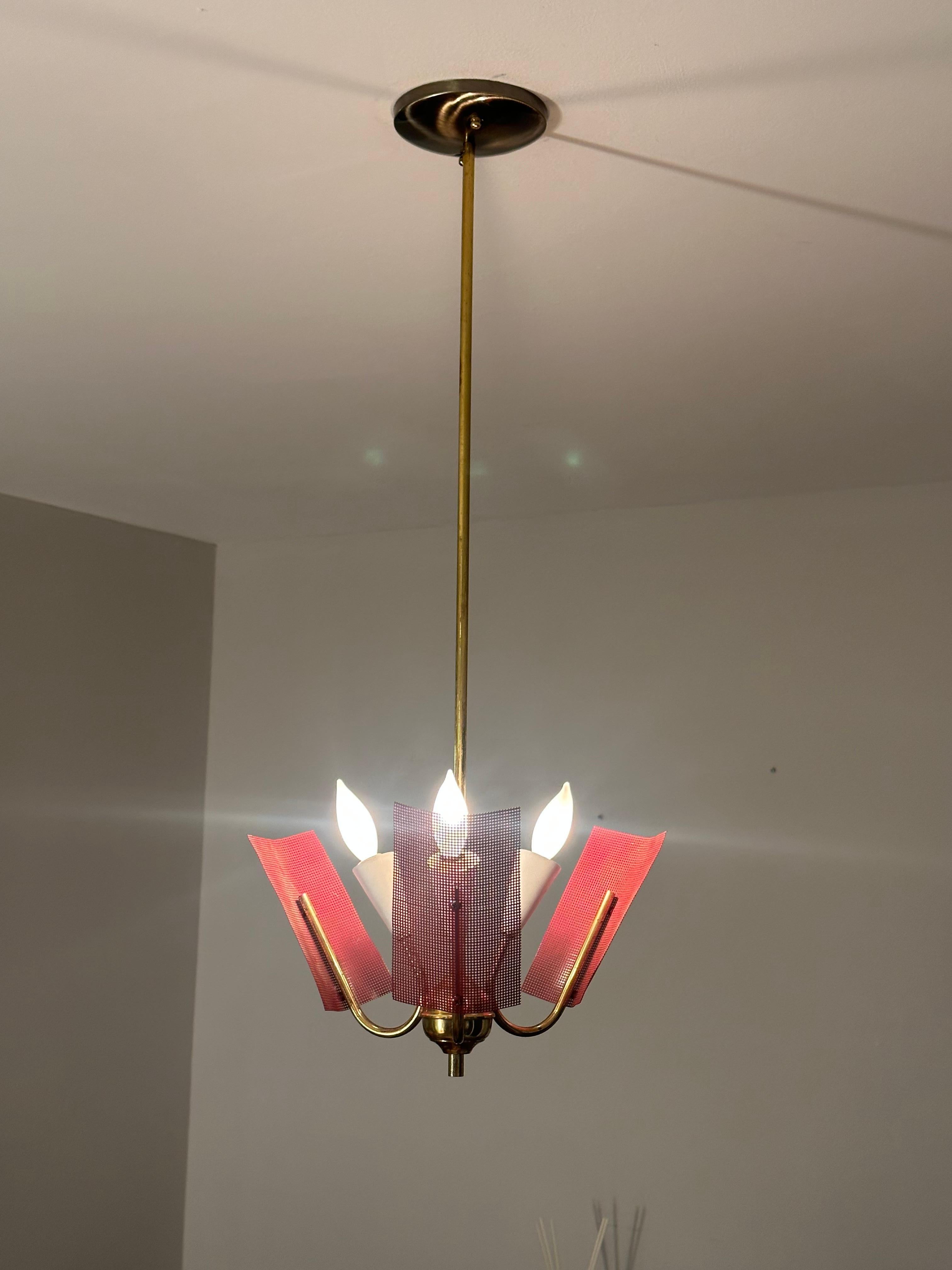 Mid Century Modern Perforated Red Metal and Brass Chandelier For Sale 5
