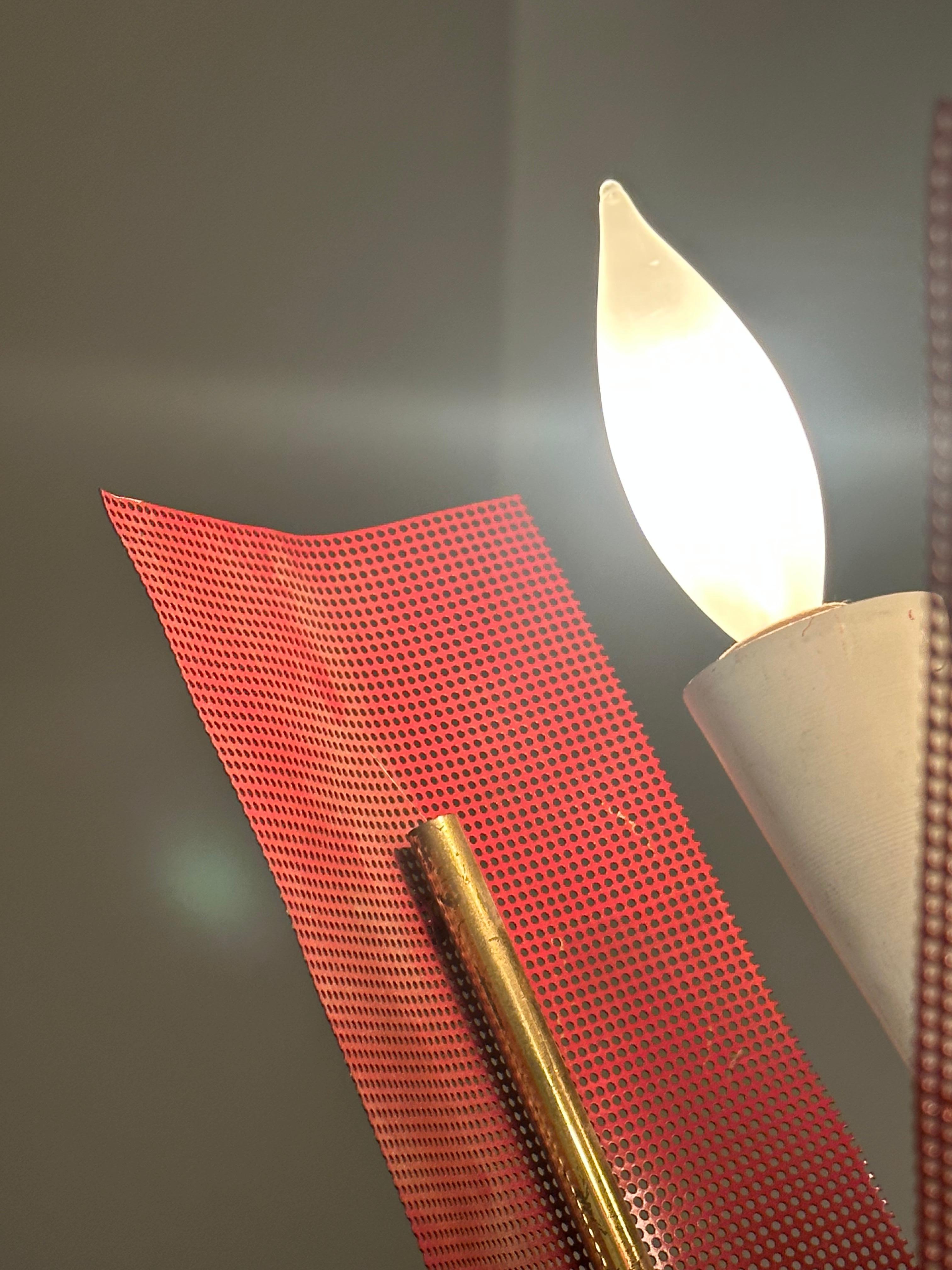 Mid Century Modern Perforated Red Metal and Brass Chandelier For Sale 6