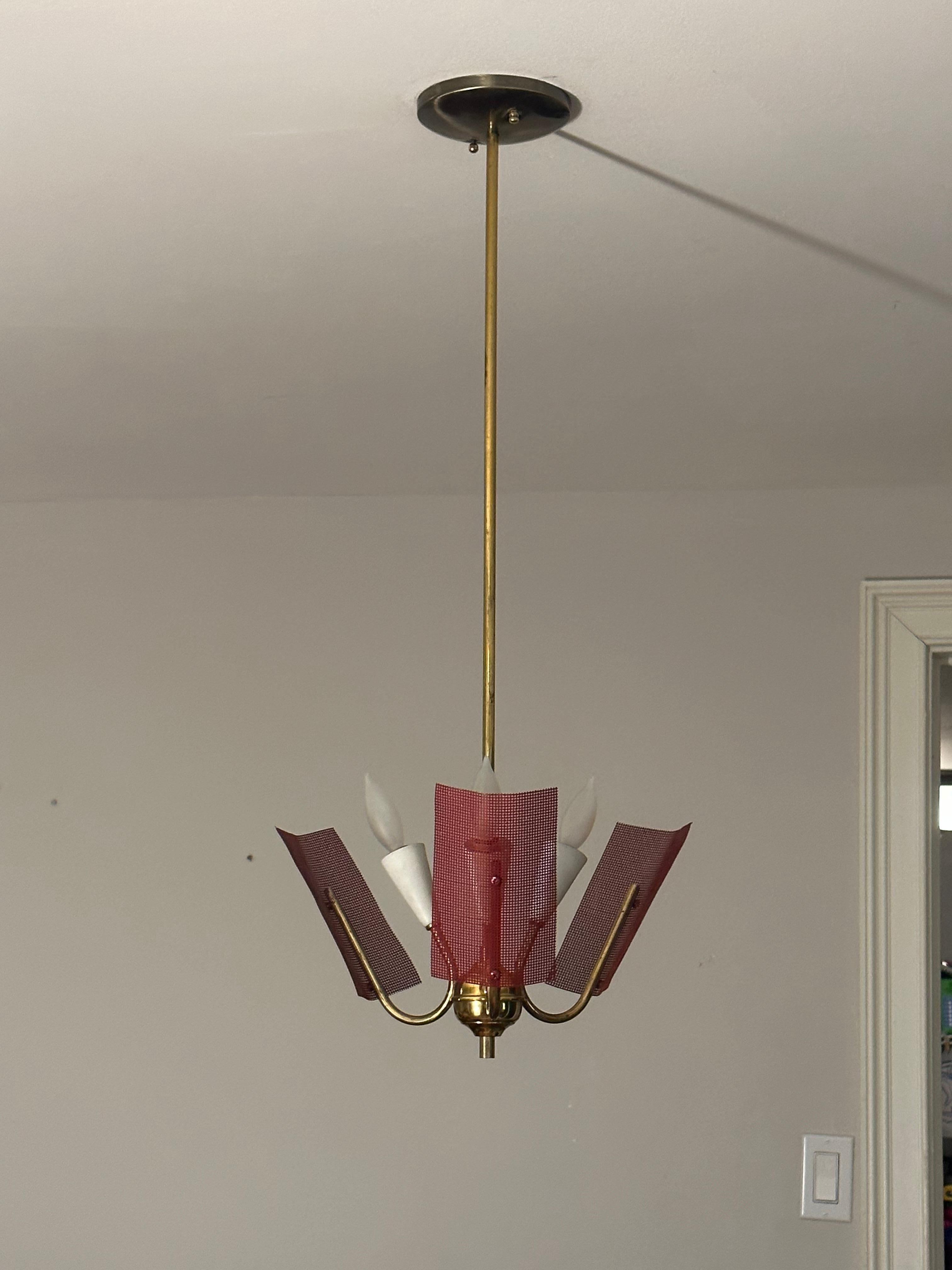 Mid Century Modern Perforated Red Metal and Brass Chandelier For Sale 7