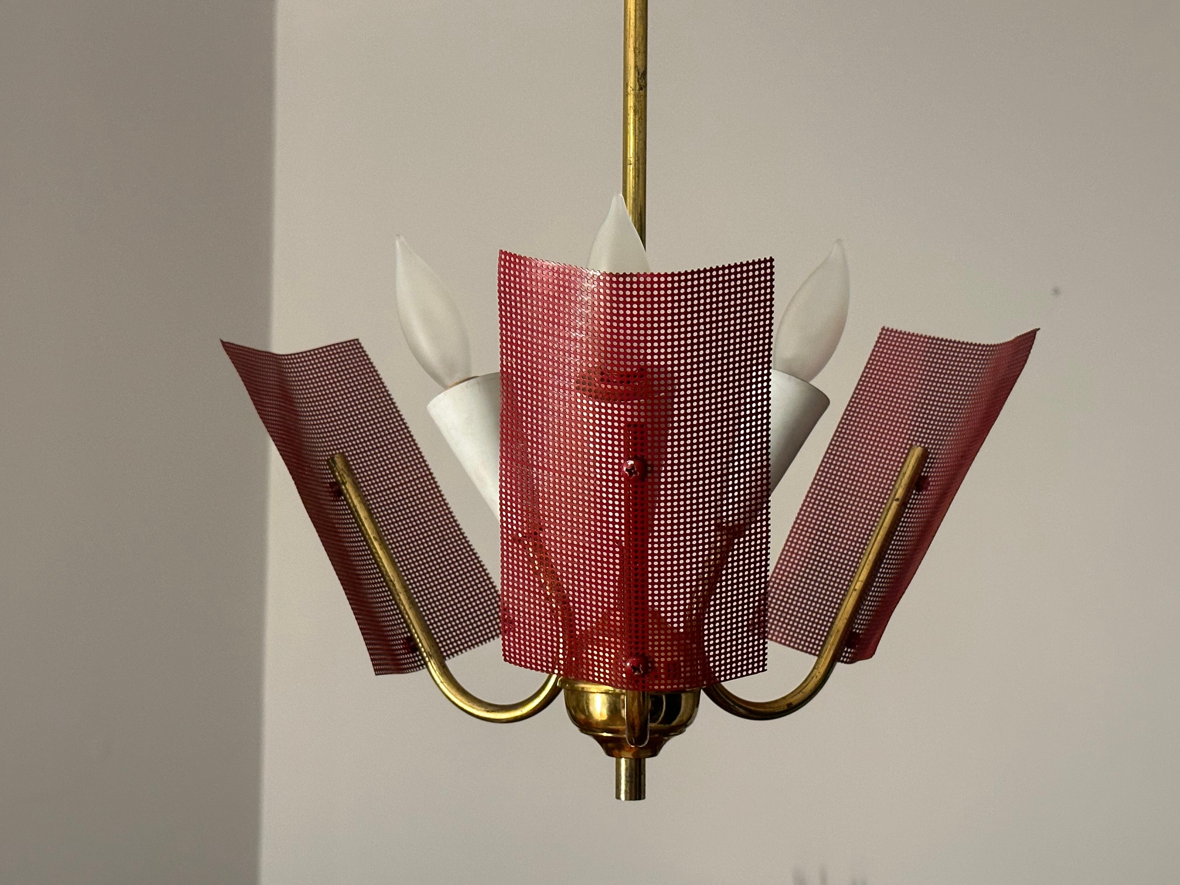 Mid-Century Modern Mid Century Modern Perforated Red Metal and Brass Chandelier For Sale