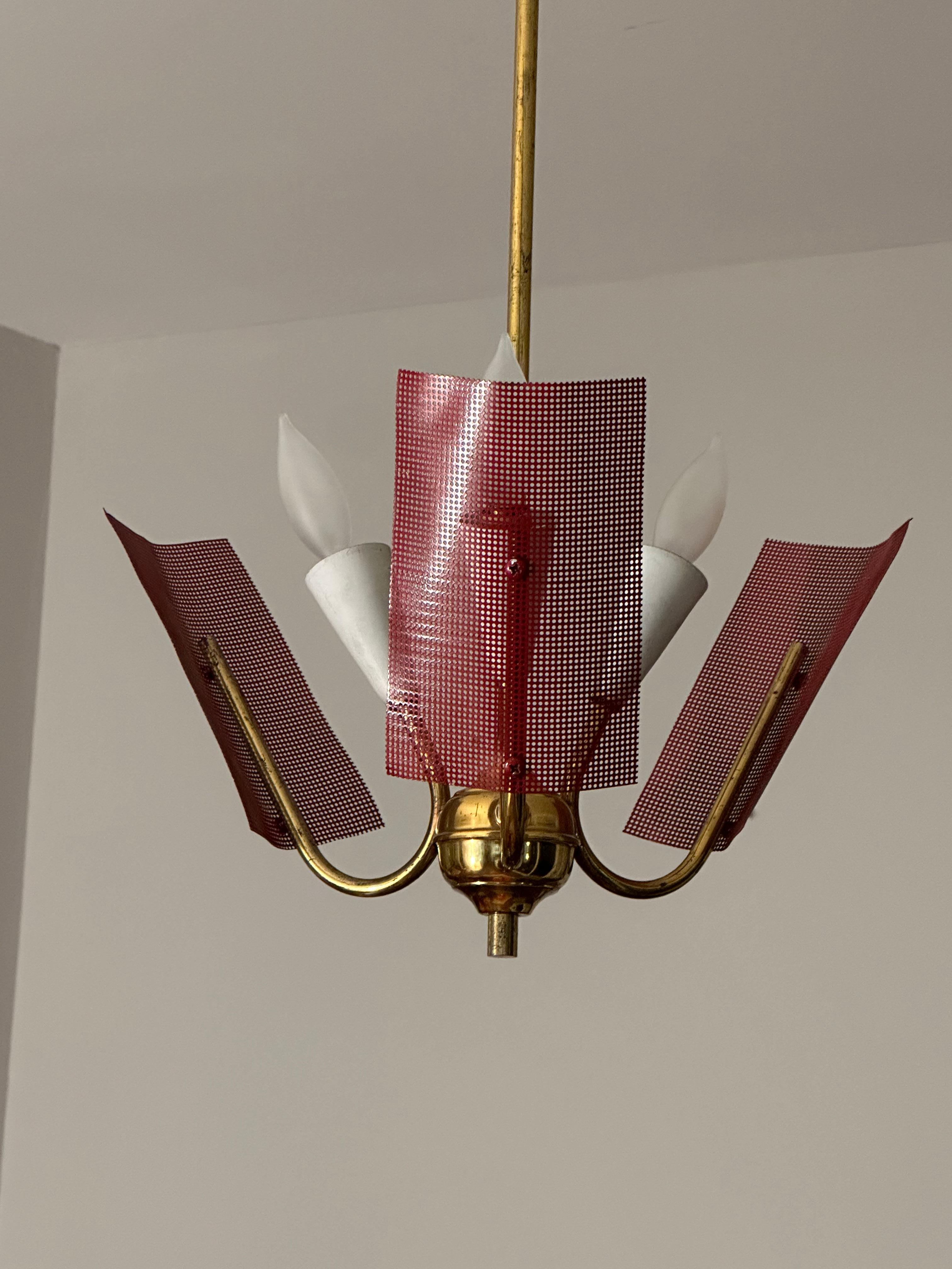 Mid-20th Century Mid Century Modern Perforated Red Metal and Brass Chandelier For Sale
