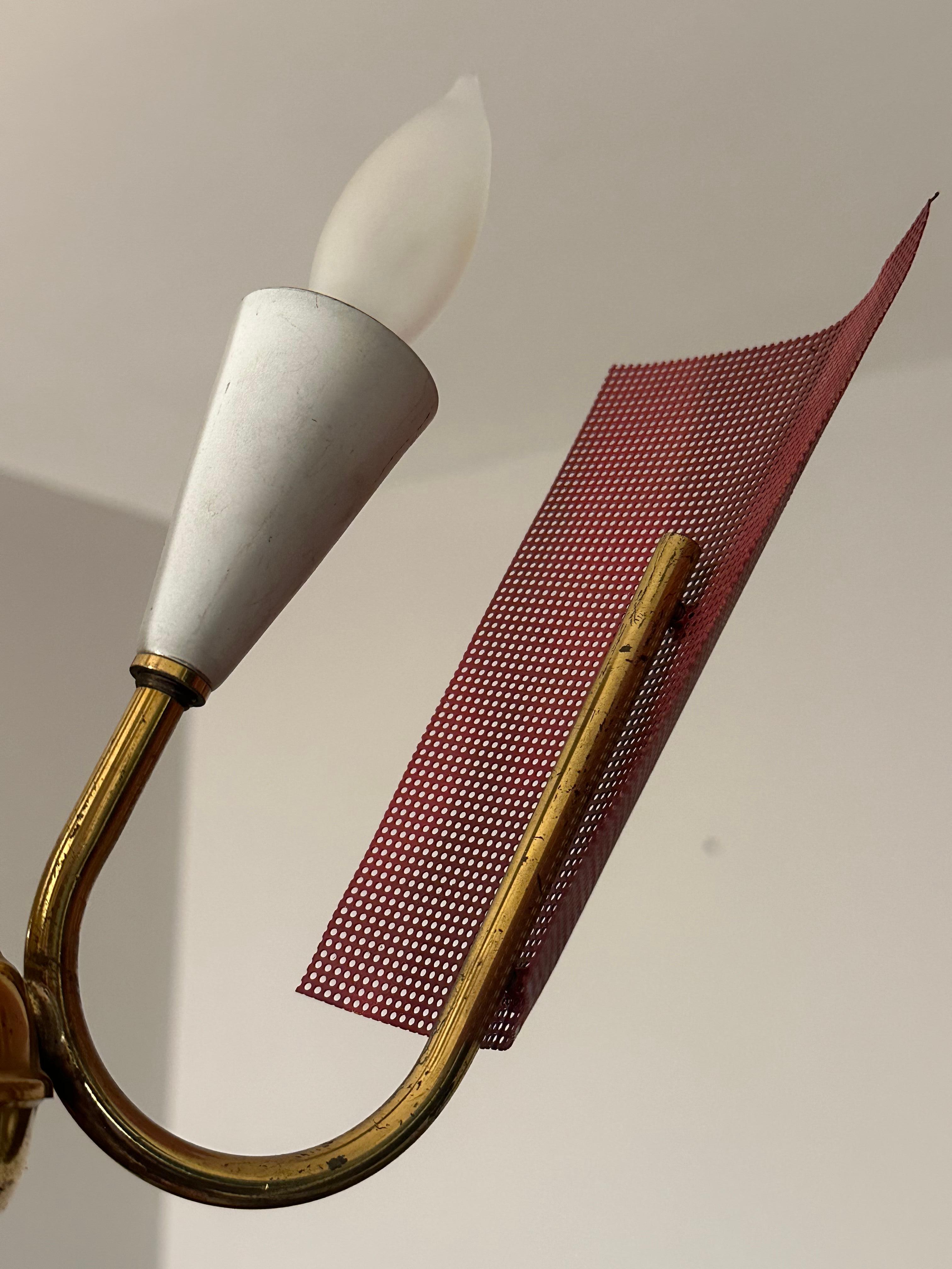 Mid Century Modern Perforated Red Metal and Brass Chandelier For Sale 1