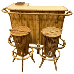 Mid-Century Modern Period Bamboo Bar Tiki Bar with Matching Stools