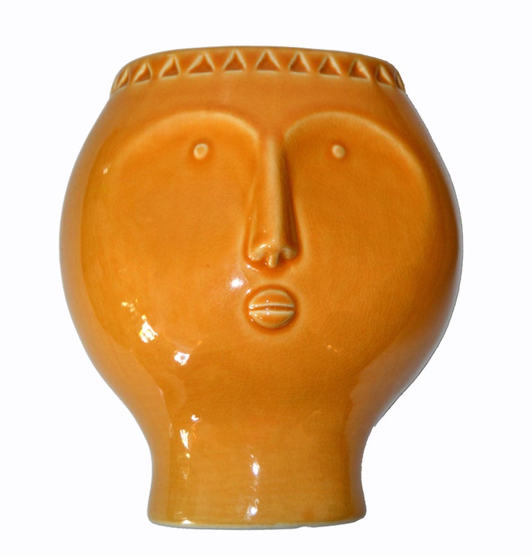 MidCentury Modern Perpetual Glazed Beige Ceramic Face Vase, Head