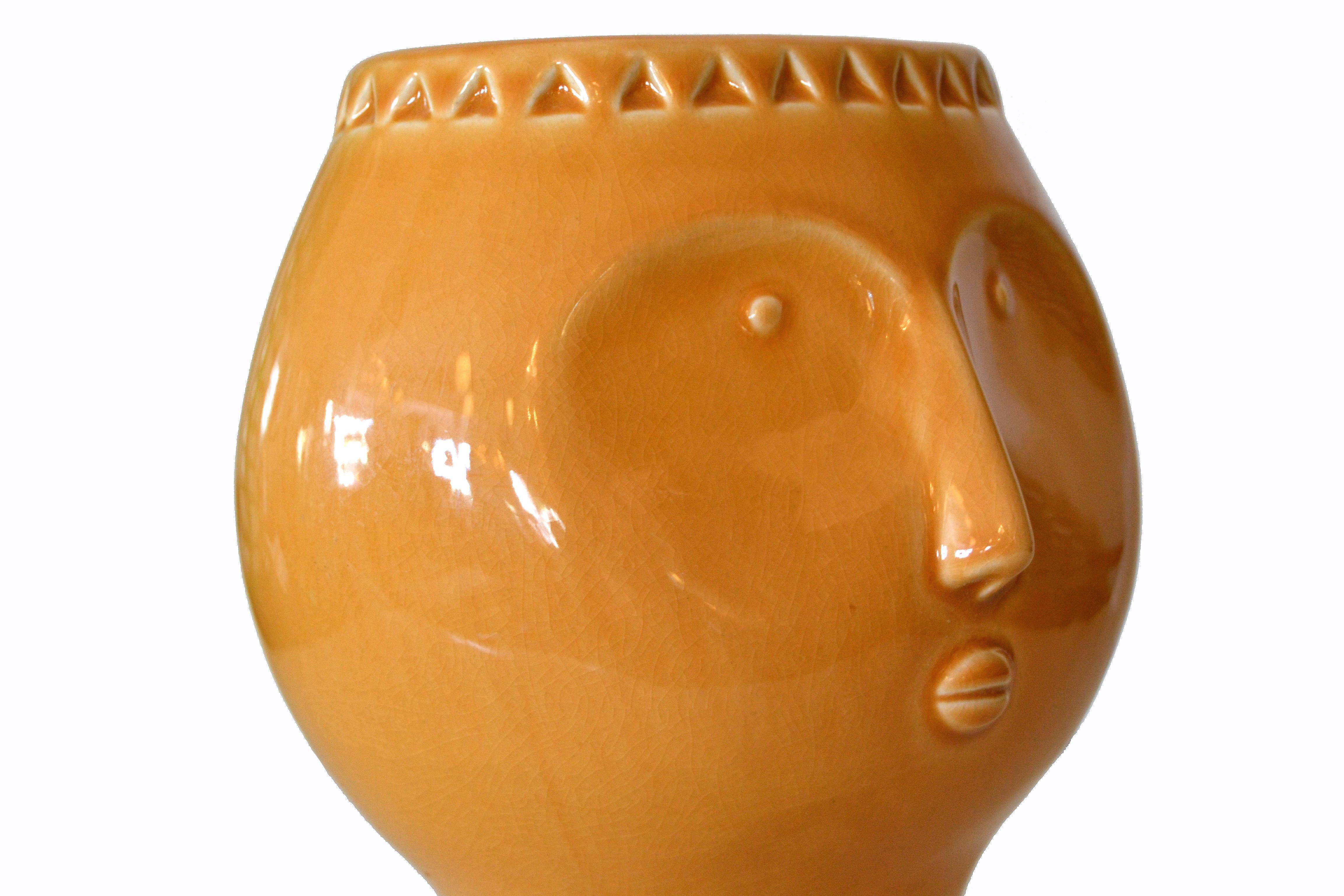 American Mid-Century Modern Perpetual Glazed Beige Ceramic Face Vase, Head Sculpture Vase