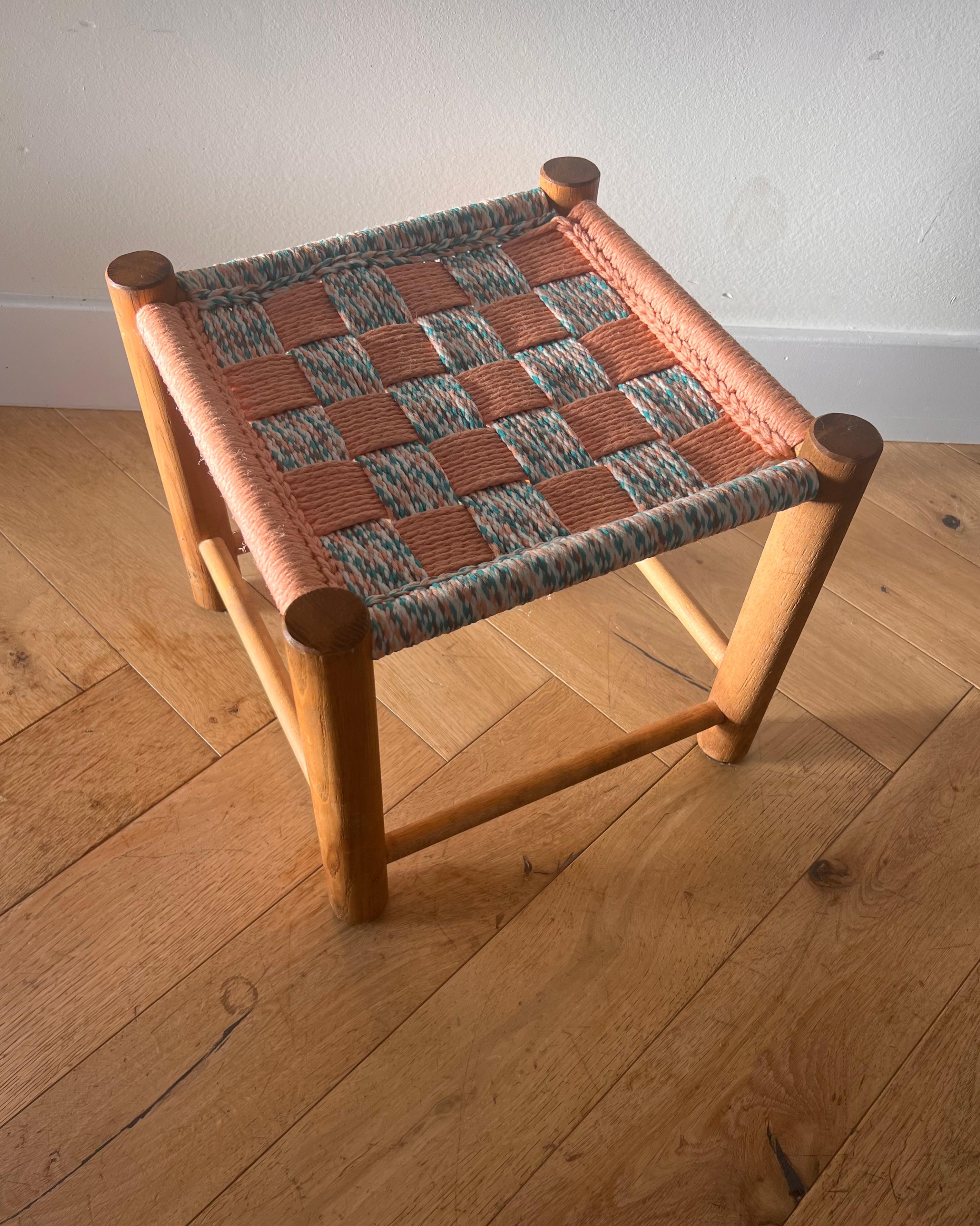Mid century modern Perriand style wooden stool with woven seat, 1950s For Sale 6