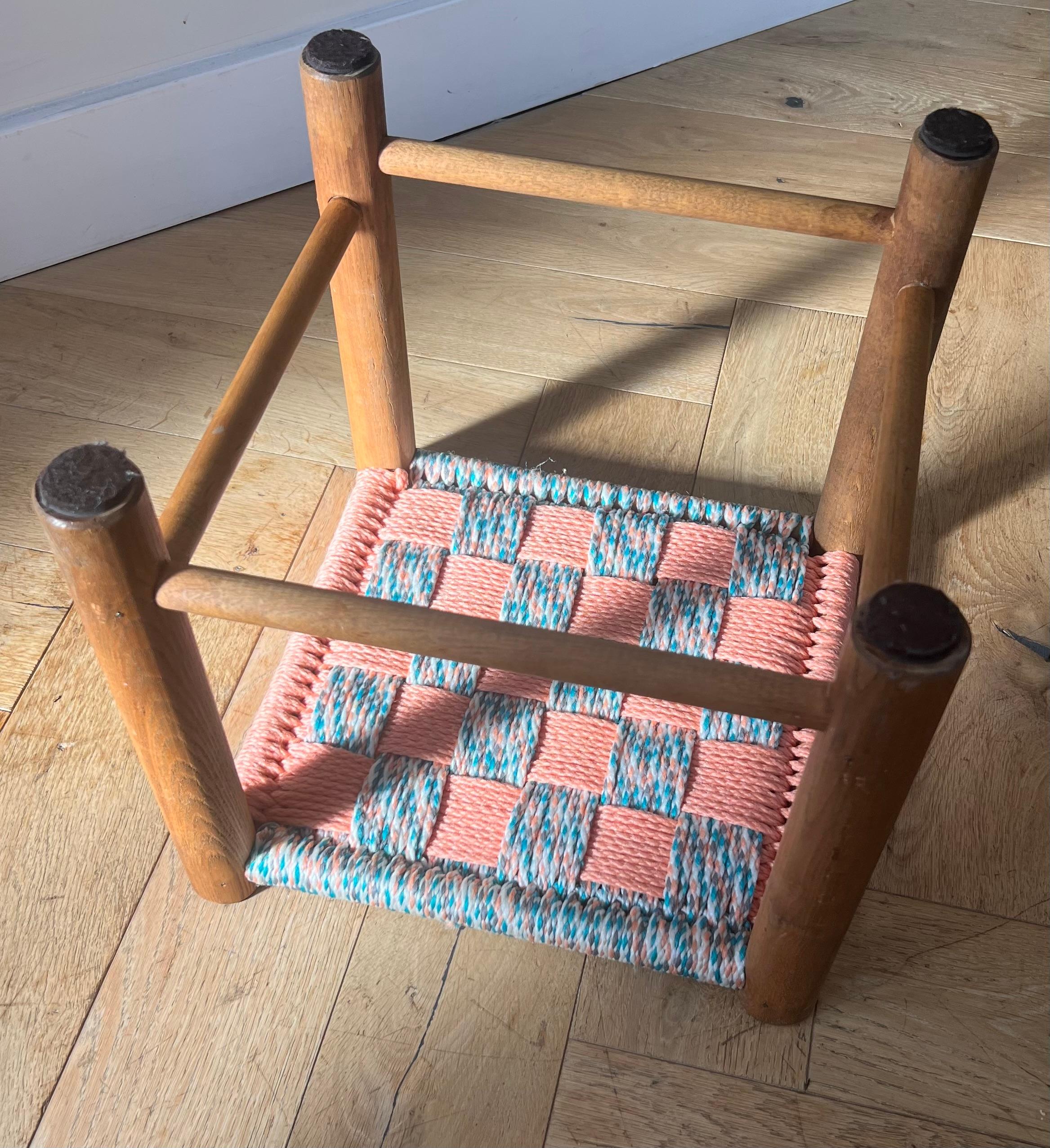 Mid century modern Perriand style wooden stool with woven seat, 1950s For Sale 8