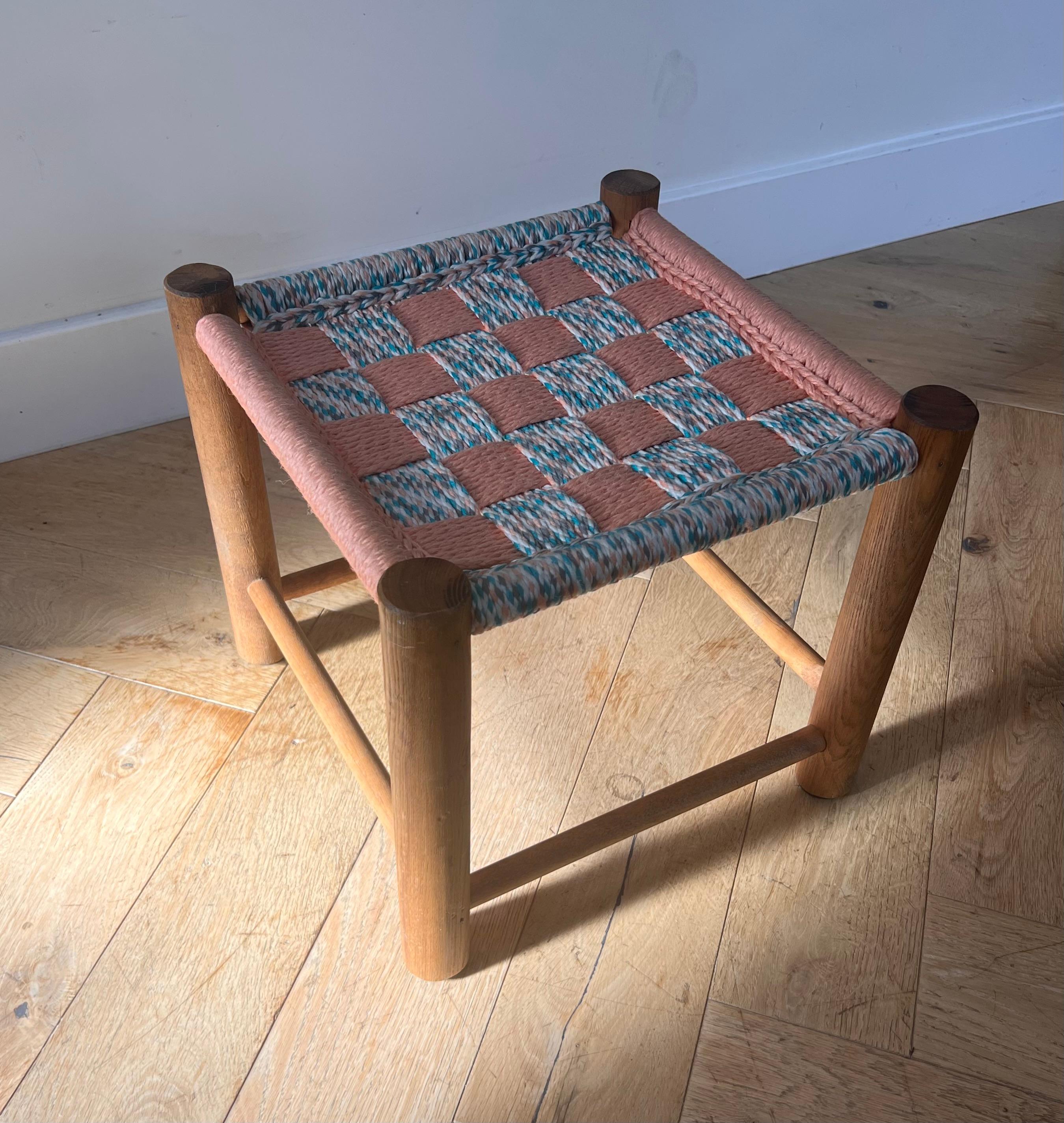 Mid century modern Perriand style wooden stool with woven seat, 1950s For Sale 9