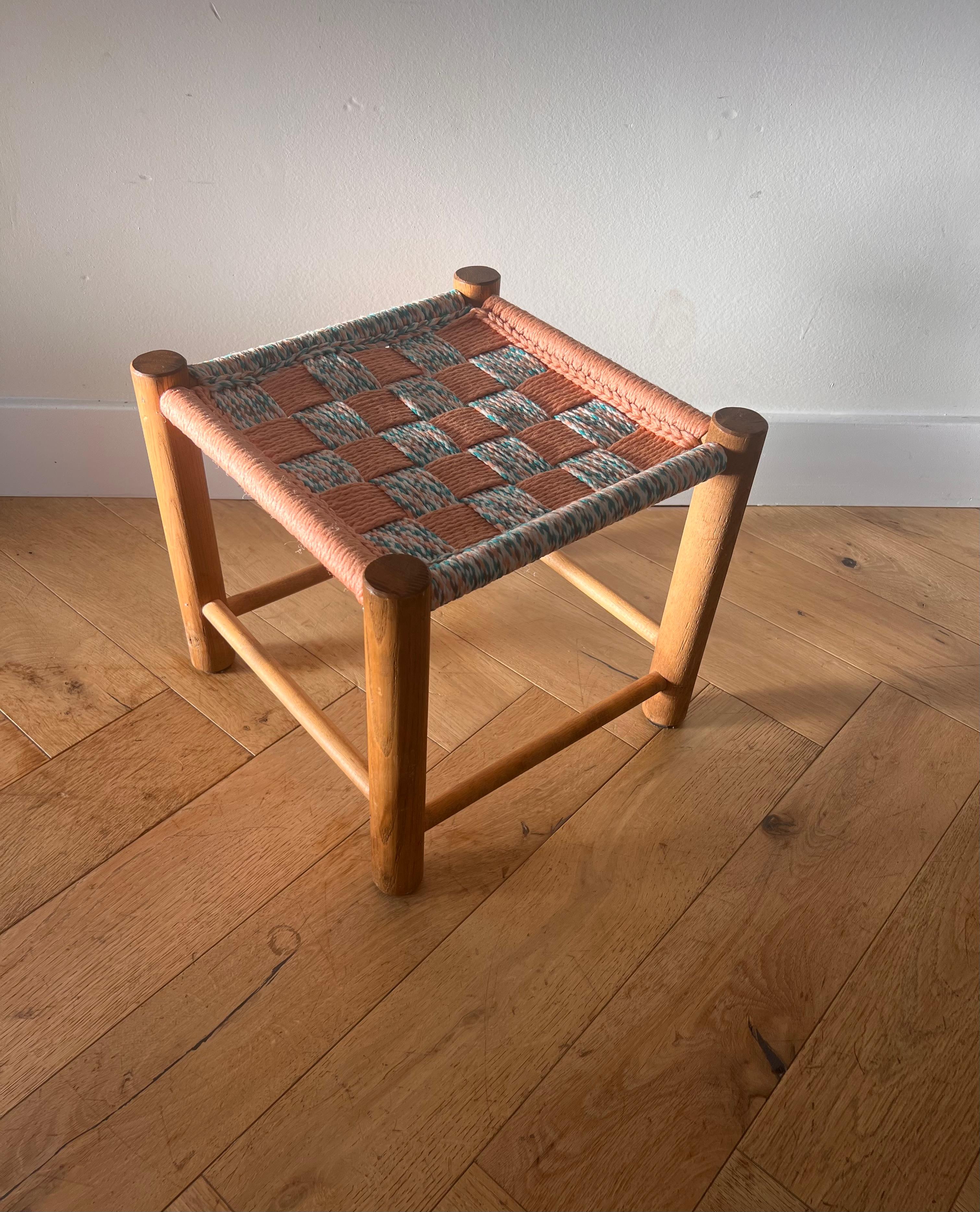 Mid century modern Perriand style wooden stool with woven seat, 1950s For Sale 10