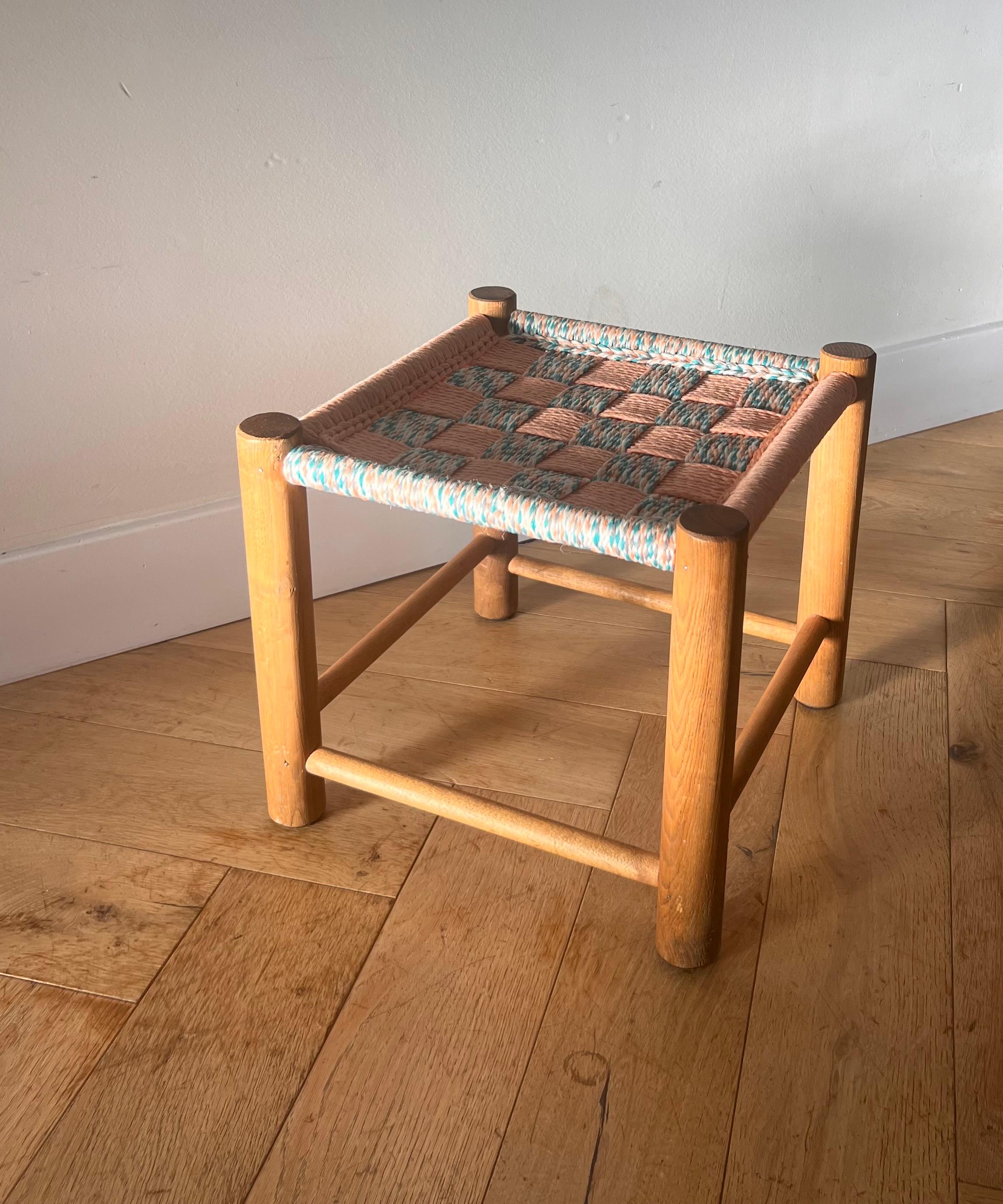 Mid century modern Perriand style wooden stool with woven seat, 1950s For Sale 12
