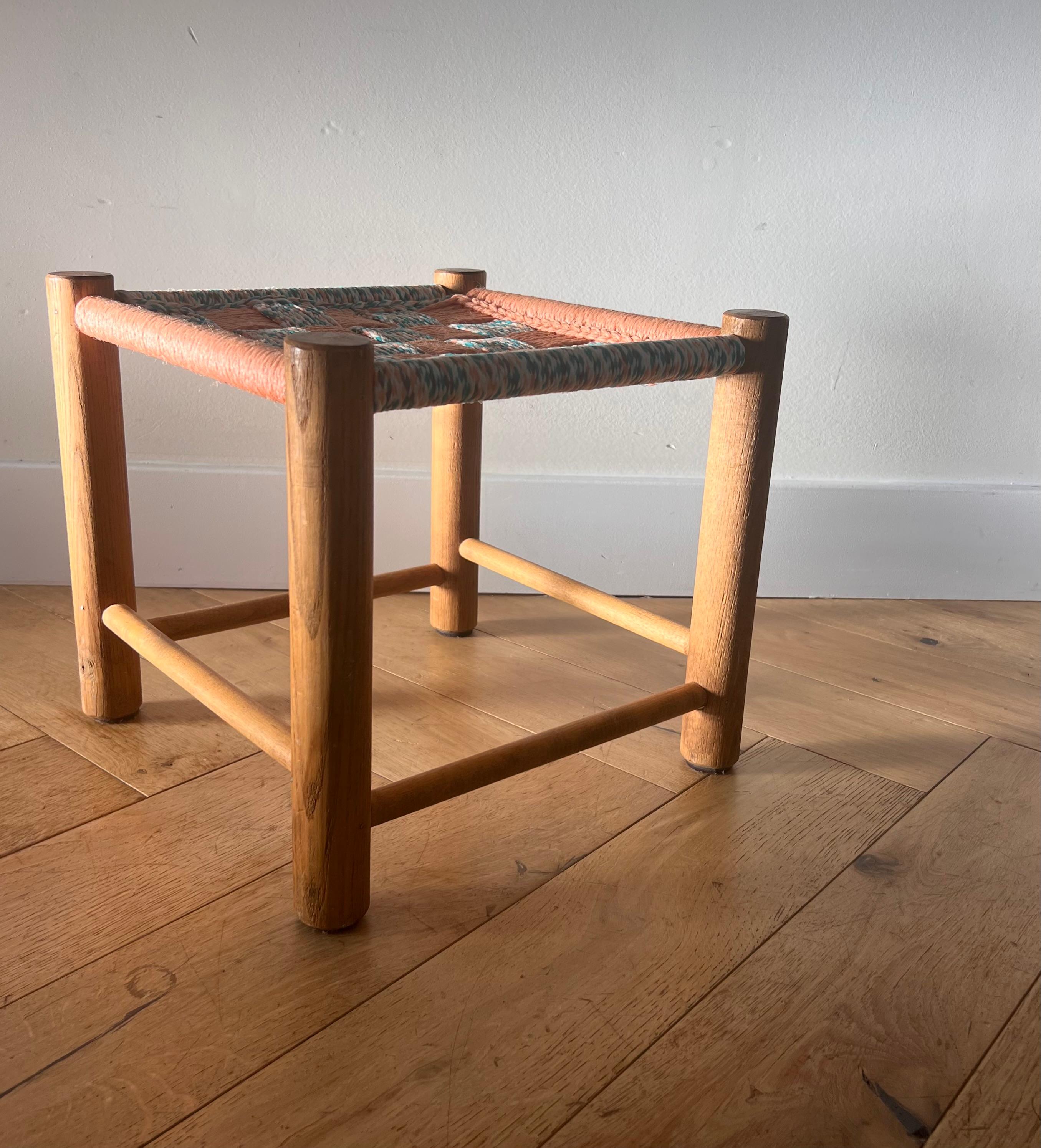 Mid century modern Perriand style wooden stool with woven seat, 1950s For Sale 13