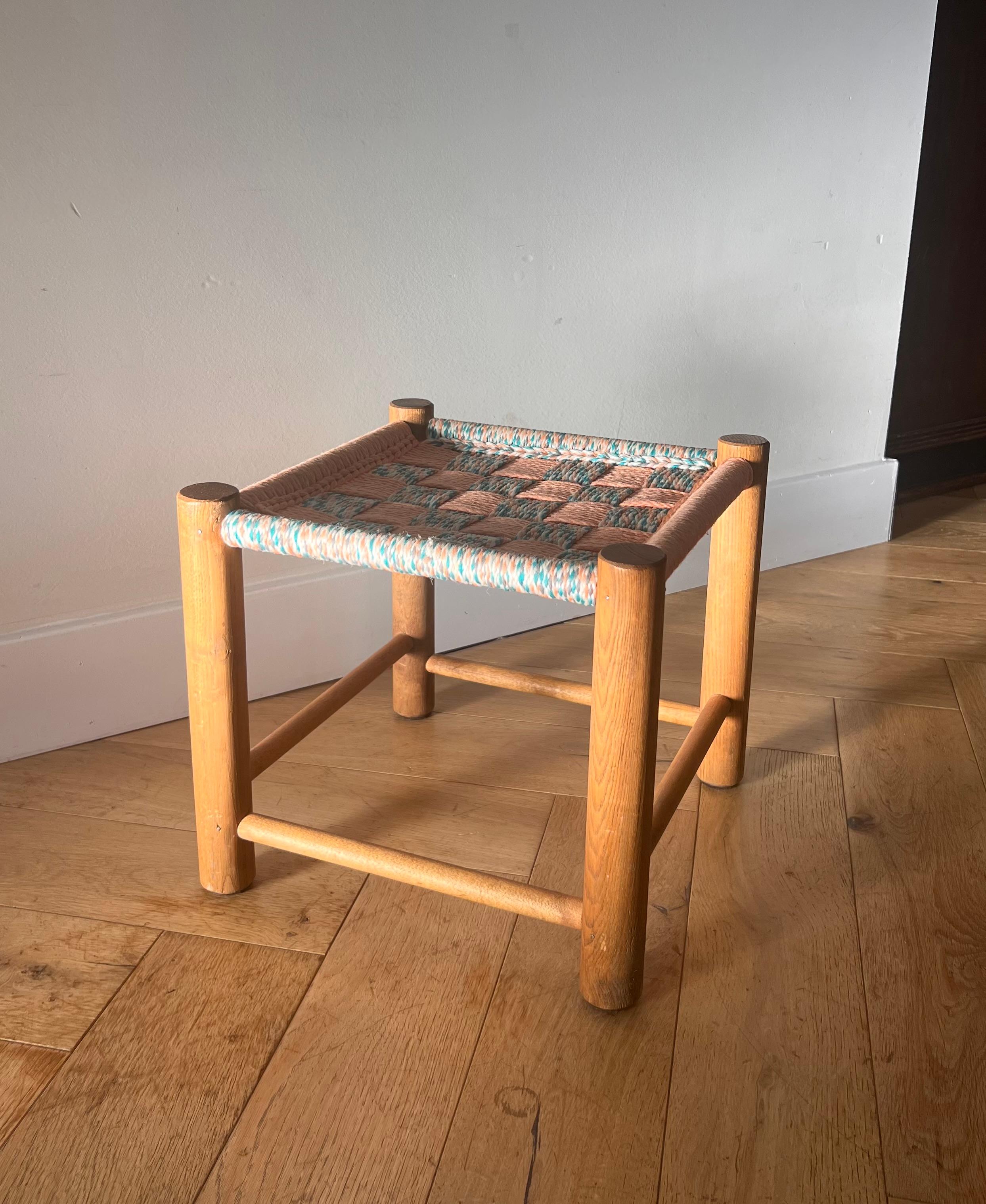 Mid-Century Modern Mid century modern Perriand style wooden stool with woven seat, 1950s For Sale