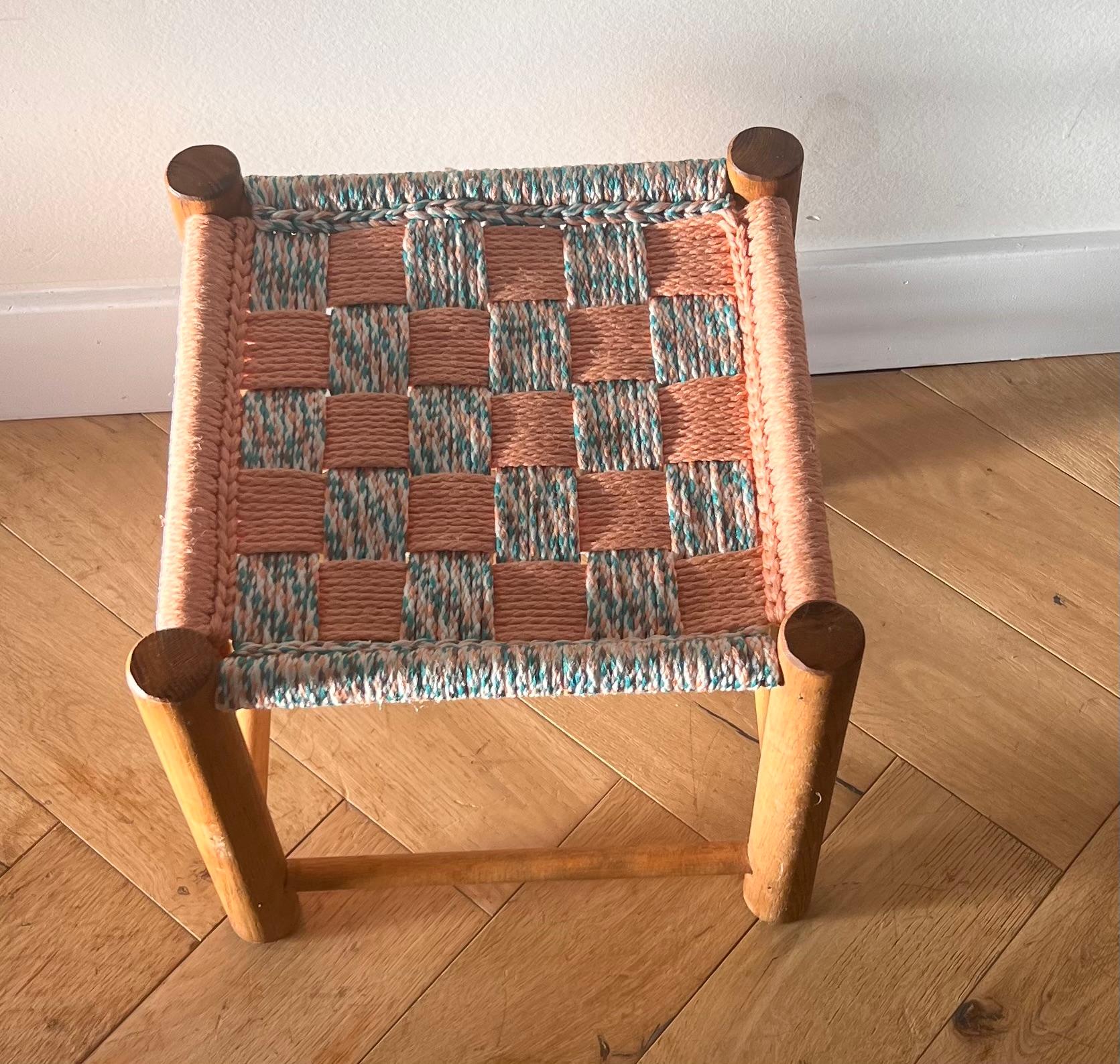 Mid century modern Perriand style wooden stool with woven seat, 1950s For Sale 2