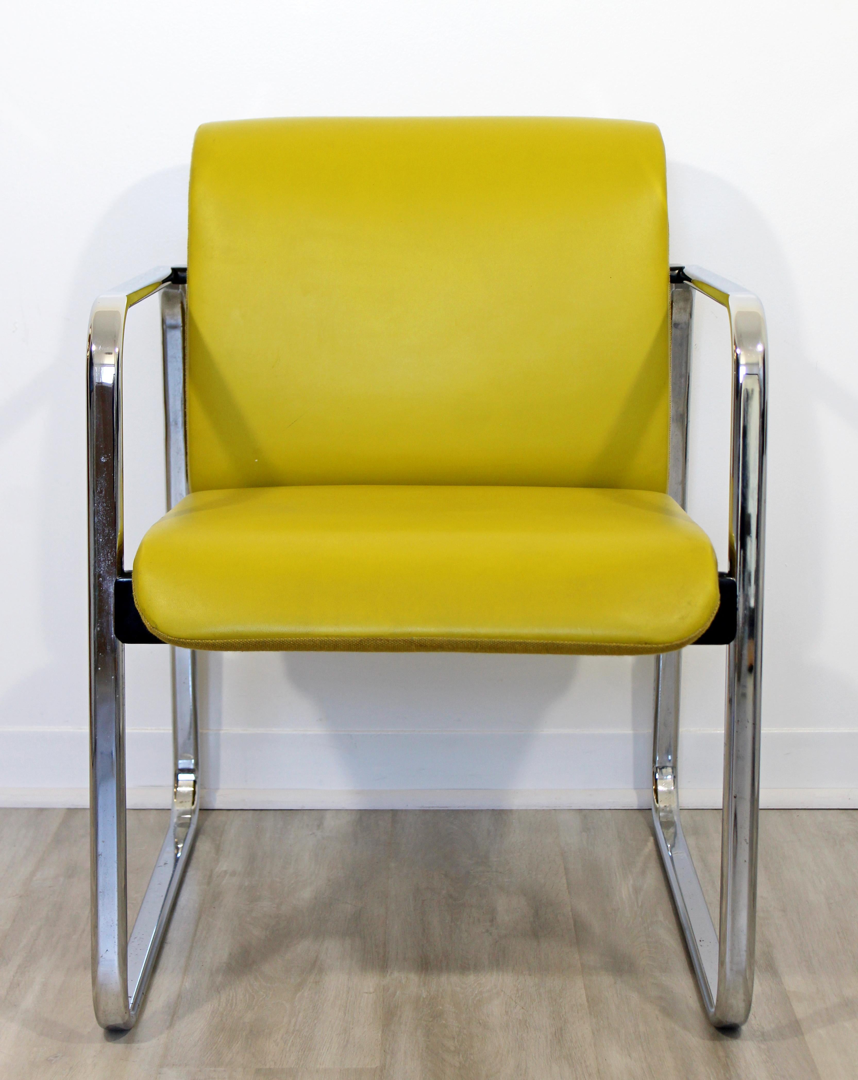 For your consideration is a fun, chrome armchair, with yellow leather upholstery, by Peter Protzman for Herman Miller, circa the 1960s. In excellent vintage condition. The dimensions are 23