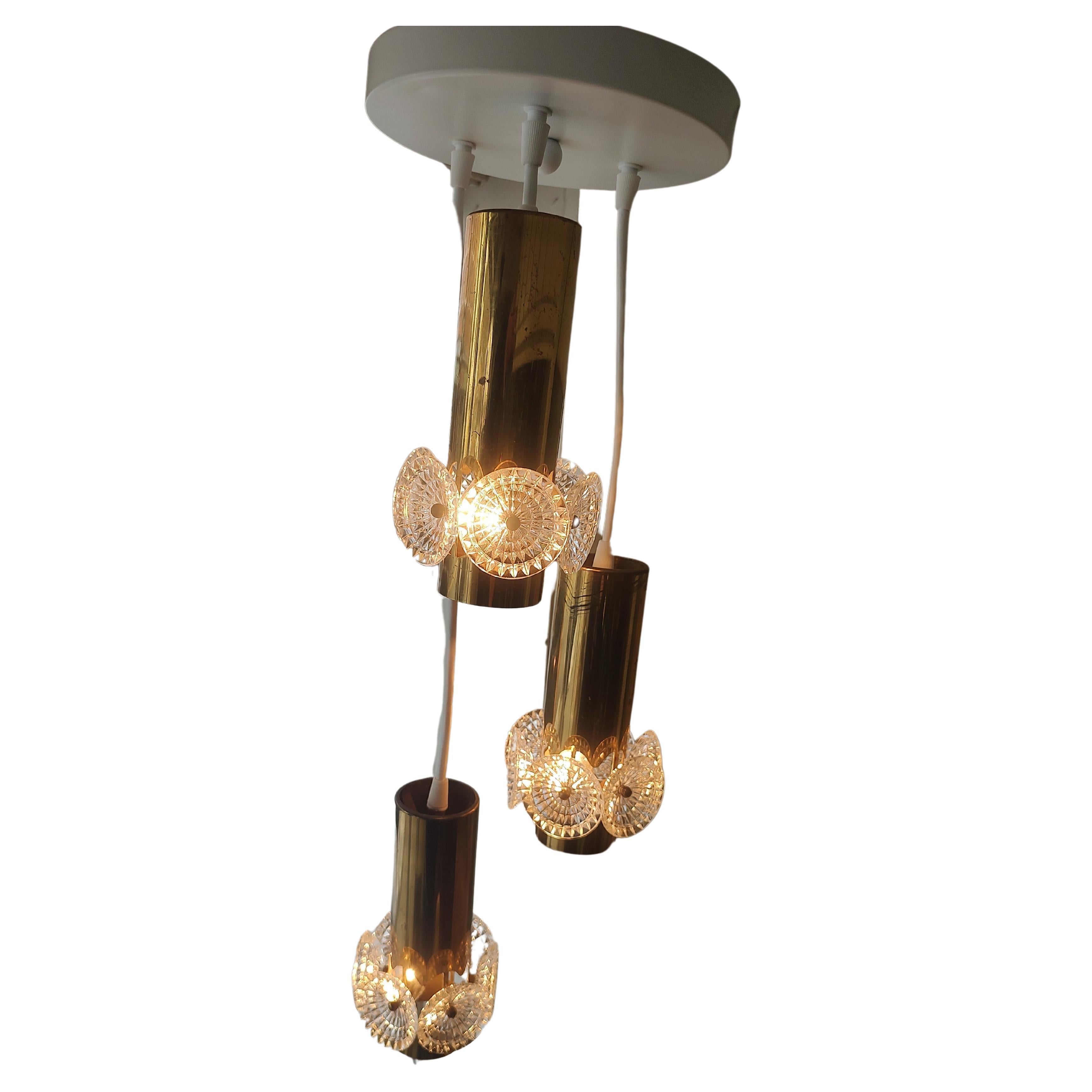 American Mid Century Modern Brass 3 Light Pendant Chandelier Manner of Paavo Tynell  For Sale