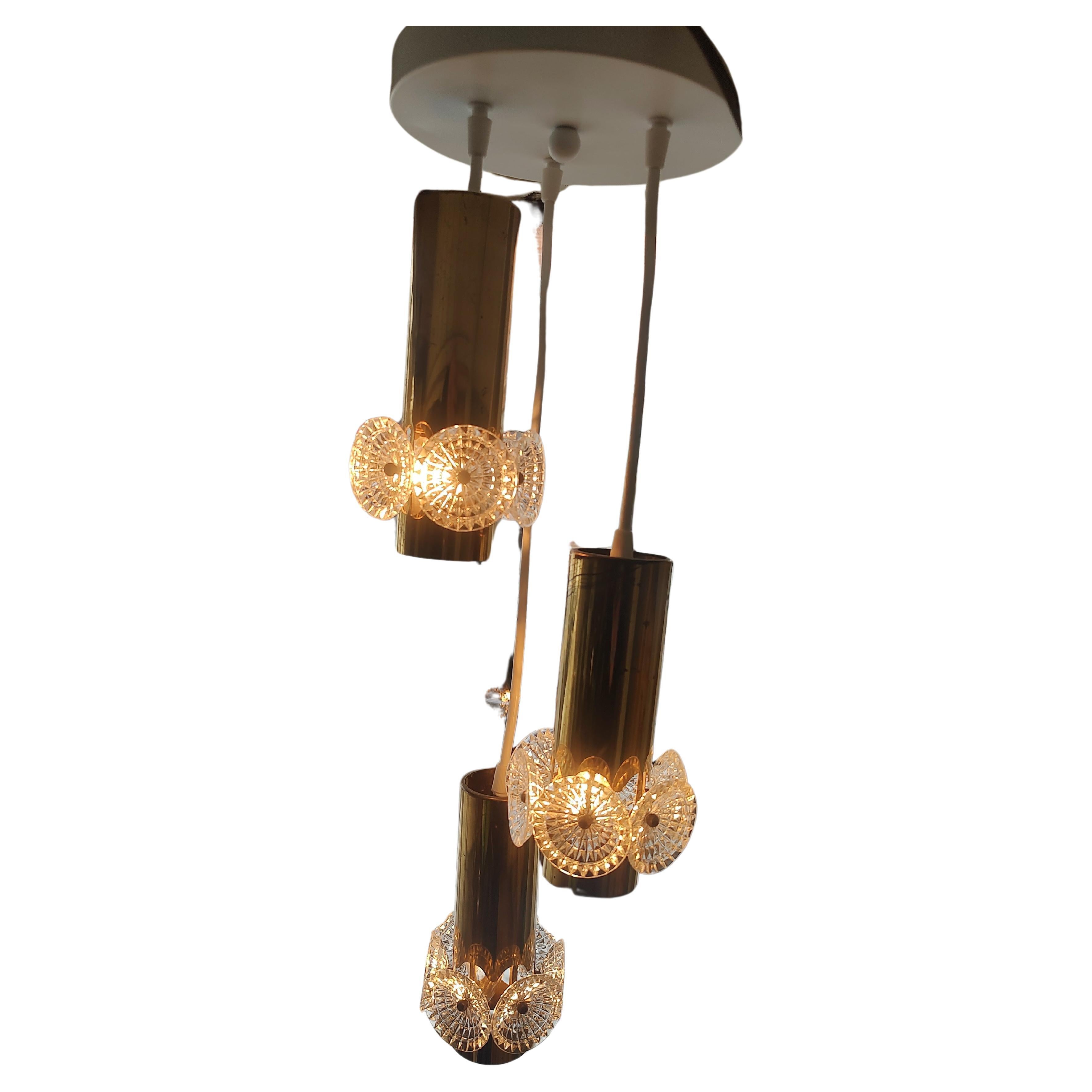Mid Century Modern Brass 3 Light Pendant Chandelier Manner of Paavo Tynell  In Good Condition For Sale In Port Jervis, NY
