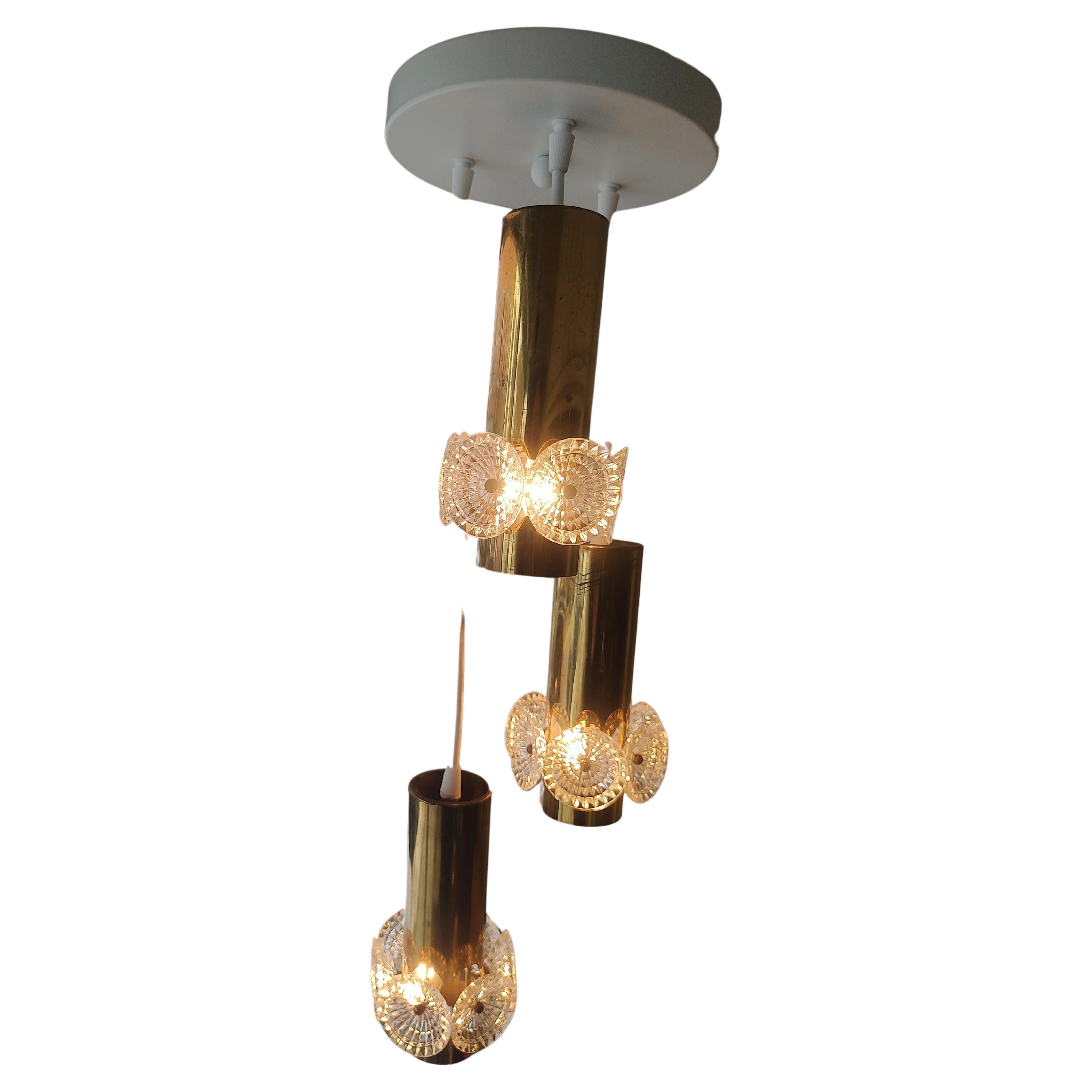 Mid Century Modern Brass 3 Light Pendant Chandelier Manner of Paavo Tynell  For Sale