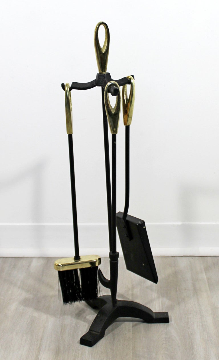 MidCentury Modern Petite Brass Iron Fireplace Tool Set Brush Poker