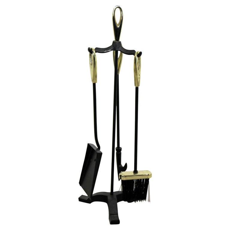 MidCentury Modern Petite Brass Iron Fireplace Tool Set Brush Poker