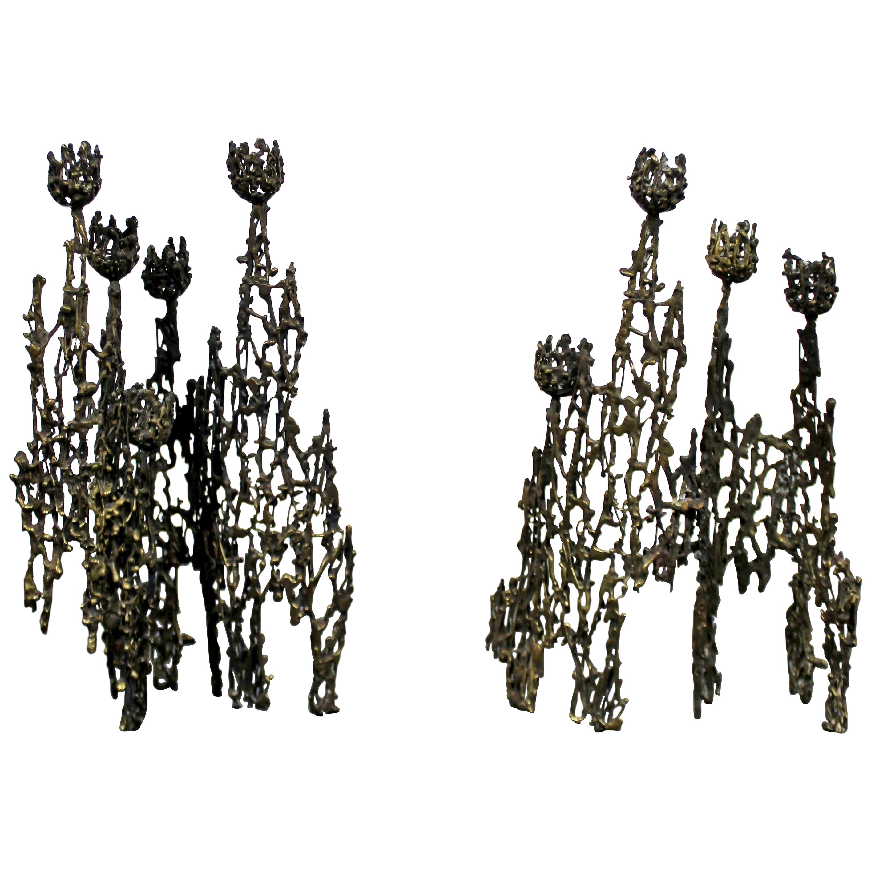 Mid-Century Modern Petite Pair of Brutalist Candleholders Table Sculptures 1960s