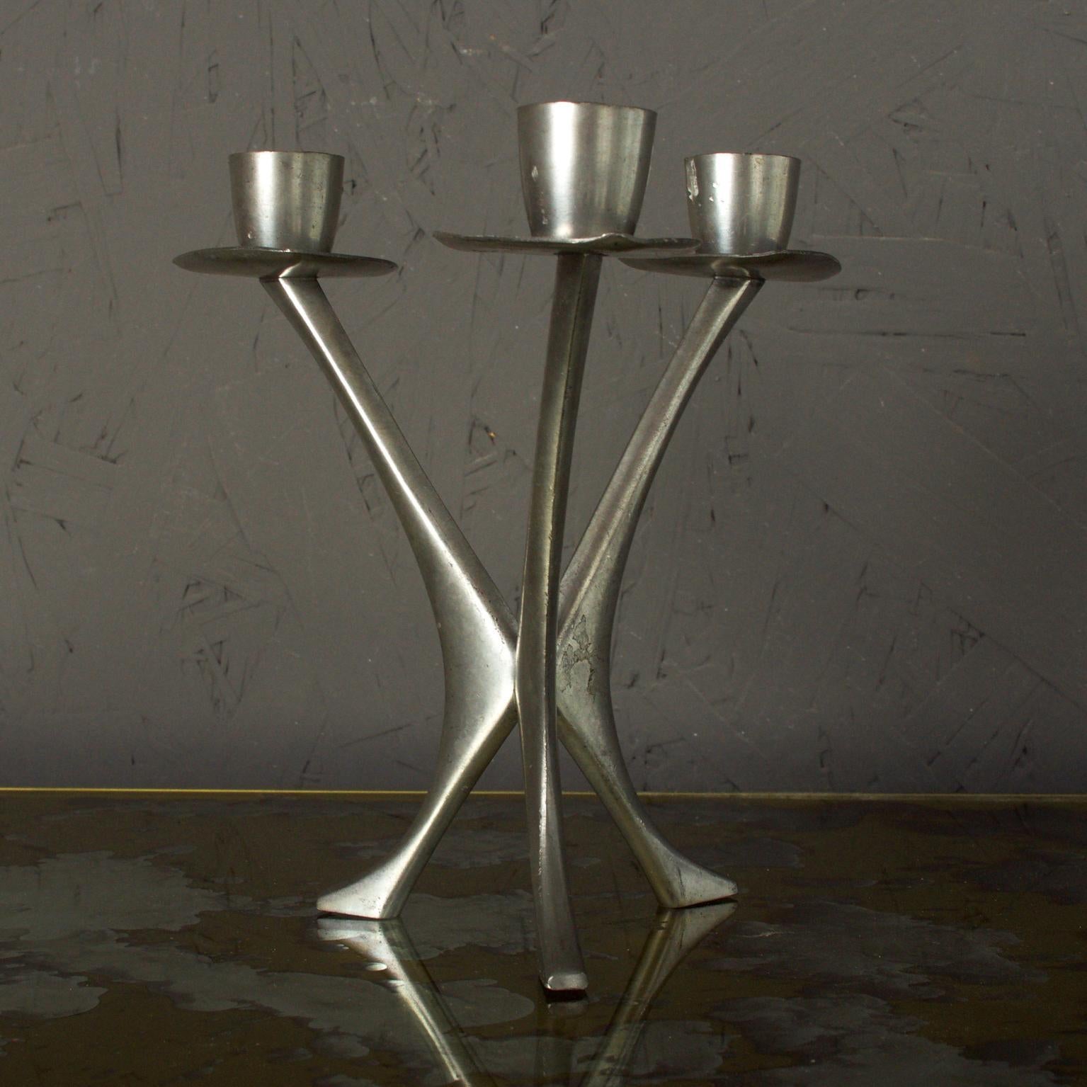 1950s Modern Candleholder Trio Candelabra B M Pewter Norway In Good Condition In Chula Vista, CA