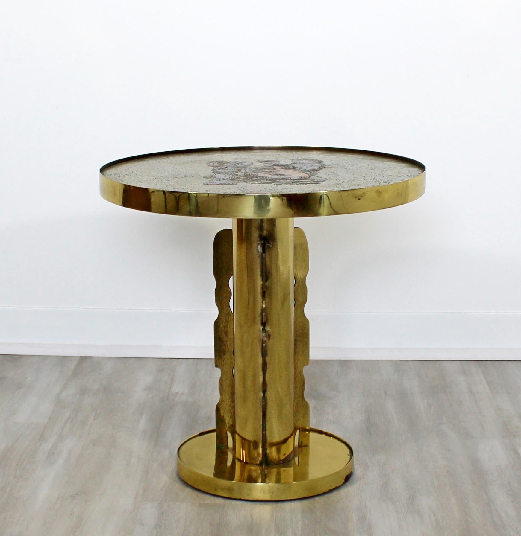 For your consideration is magnificent, circular, etched side or end occasional table, signed Philip & Kelvin Laverne, circa 1960s. In excellent vintage condition. The dimensions are 18.25