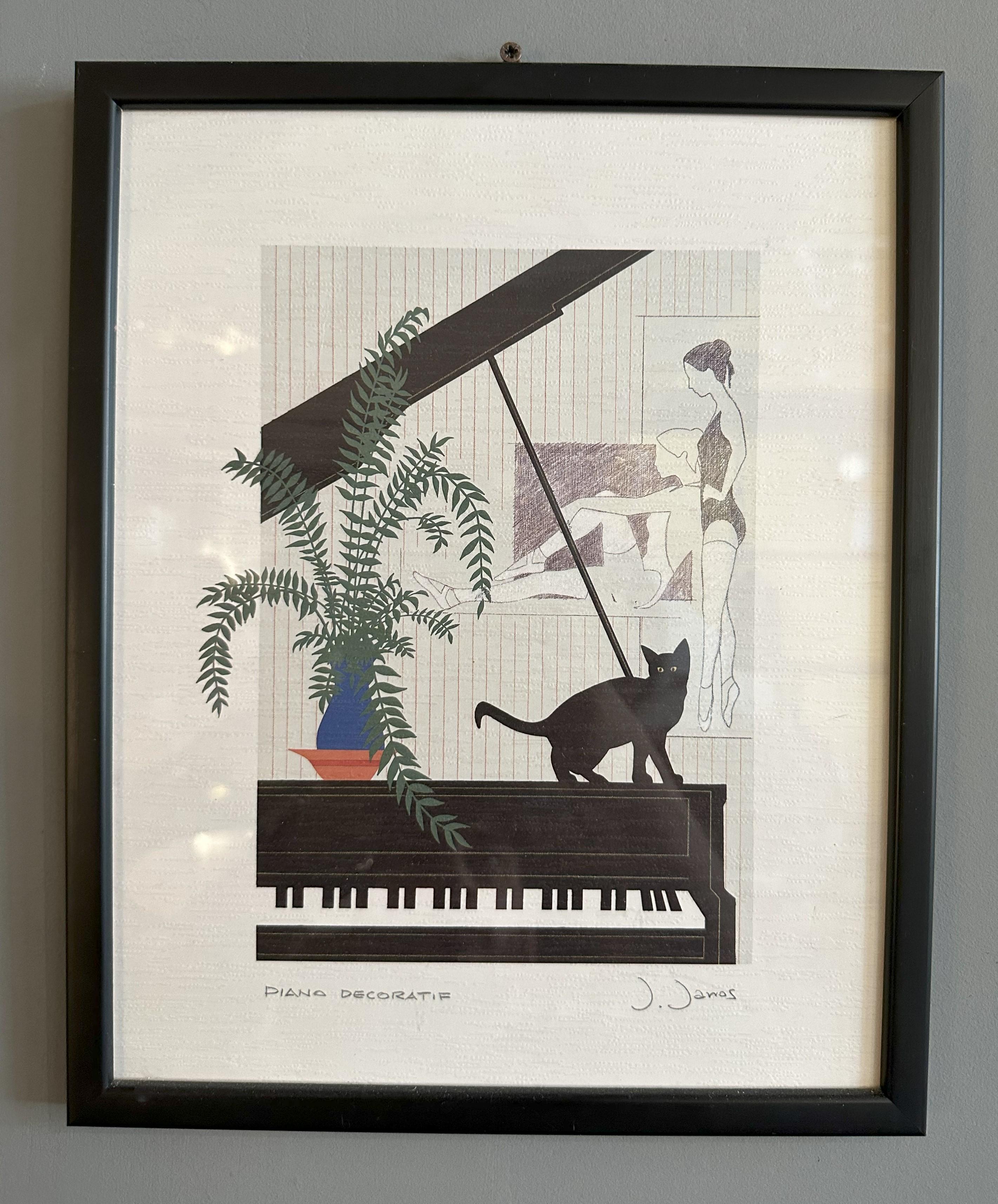 Mid-Century Modern 'PIANO DECORATIF' lithograph print by J. Janos 
Lithograph created by J.Janos dating back to around the 1980s.

Dimensions: 26cm x 32cmh
Very good conditions