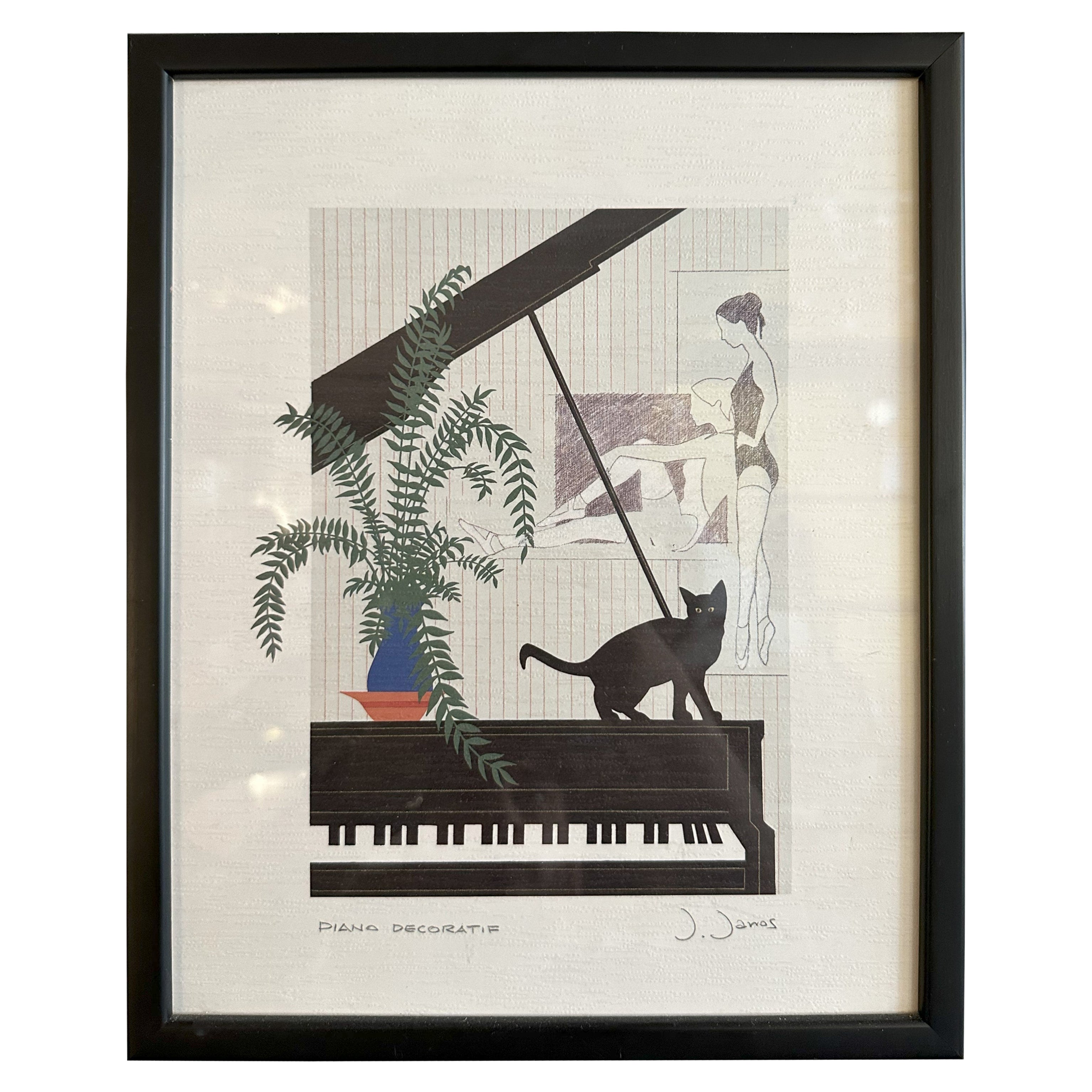 Impression lithographique PIANO DECORATIF de J. Janos, mi-siècle moderne