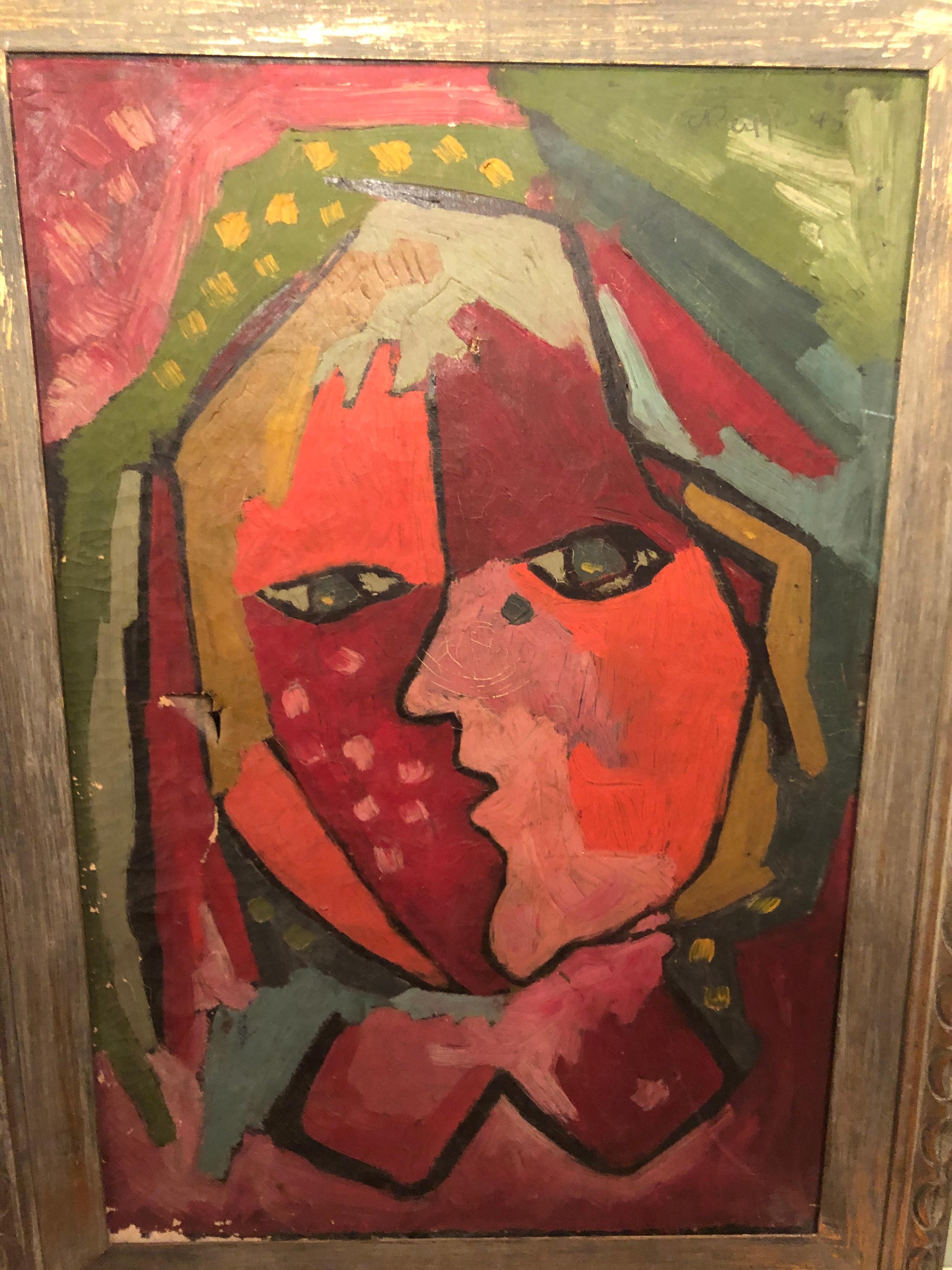 Mid-Century Modern Picasso Style Abstract of Face E. Ruff, 1945 In Good Condition For Sale In Redding, CT