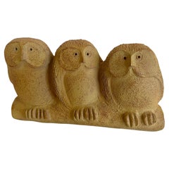 Retro Mid Century Modern Picasso Style Stoneware Sculpture of Owls