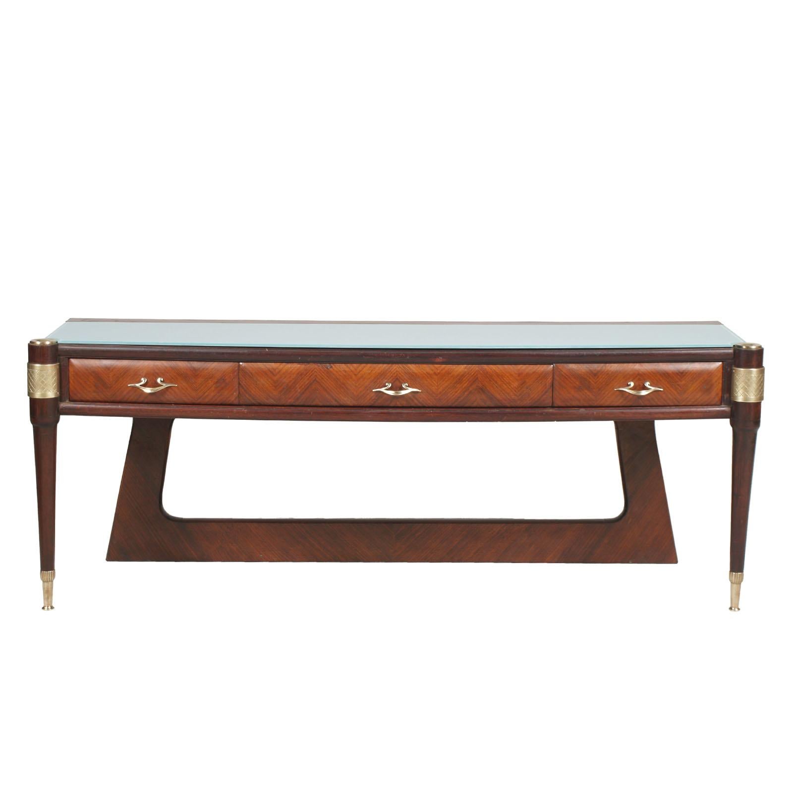 Mid-Century Modern Italian Pier Luigi Colli attributed mirrored console, vanity, in mahogany and gilt brass, by La Permanente Mobili Cantu.
We can sell separately the mirror from the console.

Measures console cm: H 50 W 128 D35 mirror H 116 W