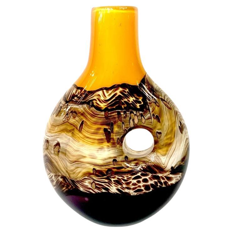 Mid Century Modern Pierced Cased Art Glass Vase With Gold Inclusions in vendita