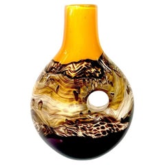 Mid Century Modern Pierced Cased Art Glass Vase With Gold Inclusions