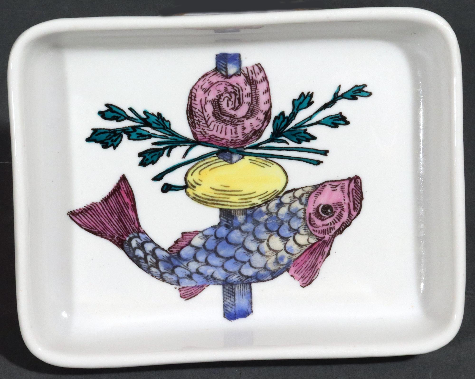 Mid-century Modern Piero Fornasetti Ceramic Appetizer Fish Kebab Dishes and Tray For Sale 3