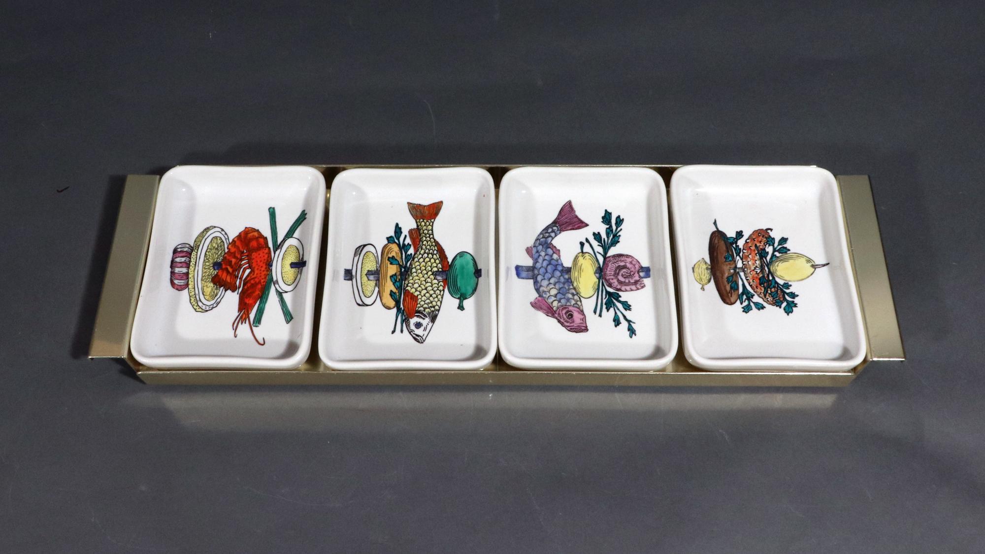 Mid-Century Modern Mid-century Modern Piero Fornasetti Ceramic Appetizer Fish Kebab Dishes and Tray For Sale