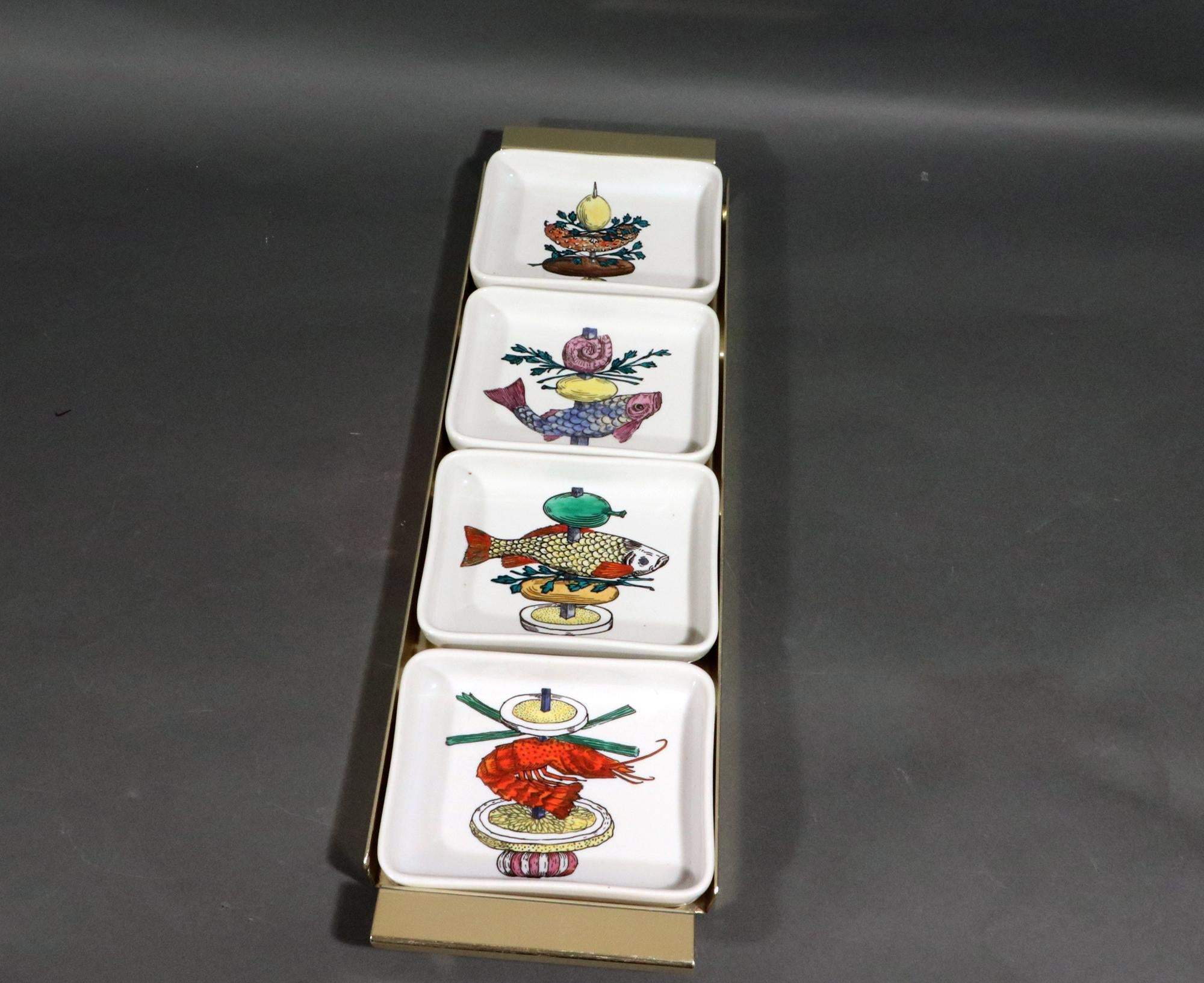 Italian Mid-century Modern Piero Fornasetti Ceramic Appetizer Fish Kebab Dishes and Tray For Sale