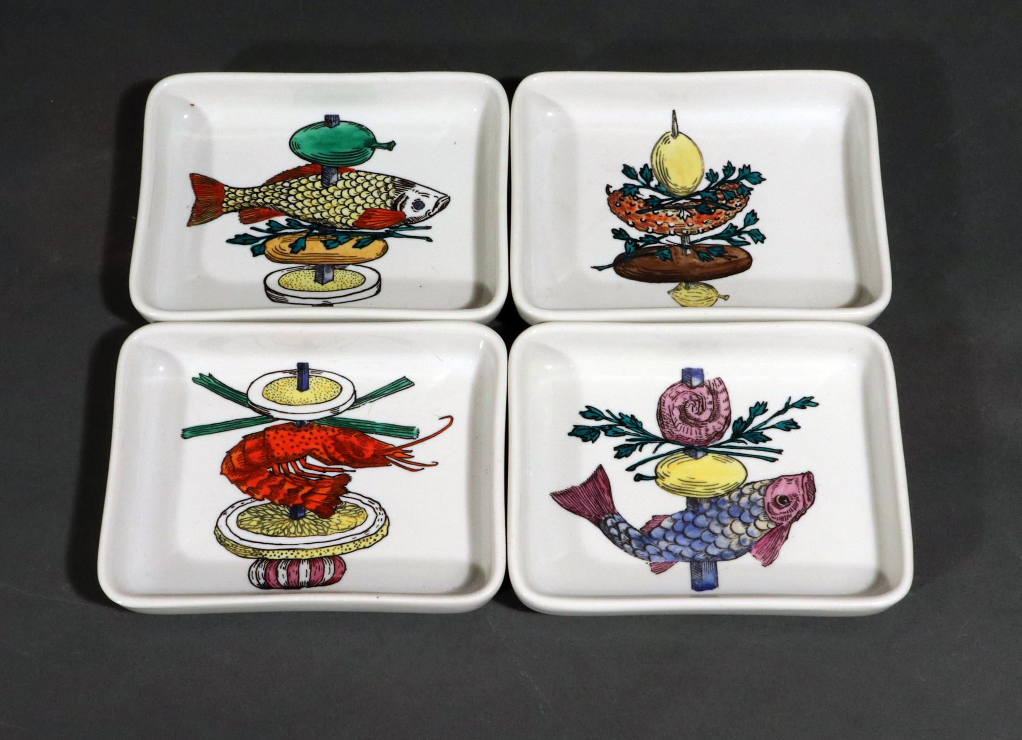 Mid-century Modern Piero Fornasetti Ceramic Appetizer Fish Kebab Dishes and Tray In Excellent Condition For Sale In Downingtown, PA