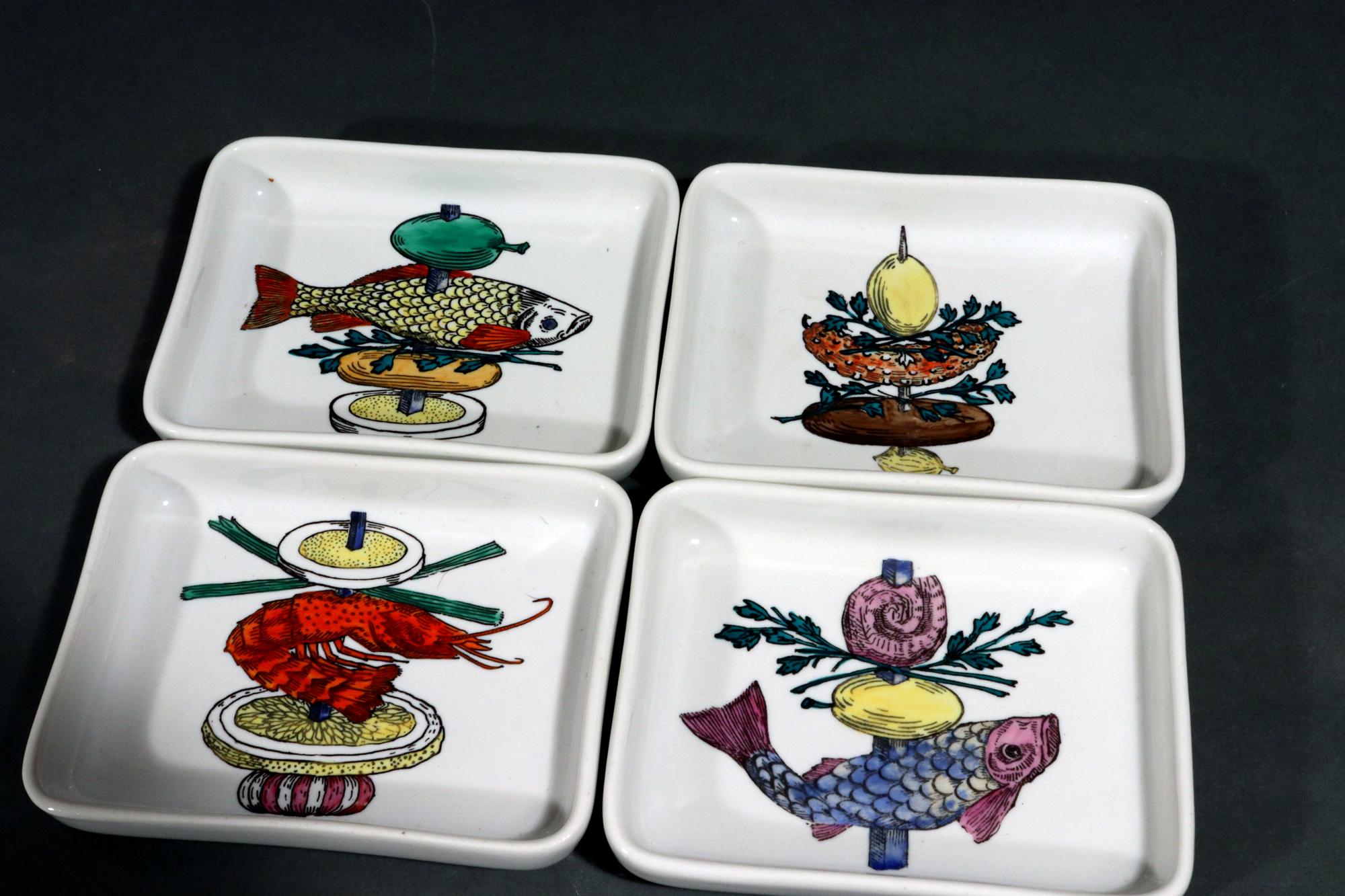 Mid-20th Century Mid-century Modern Piero Fornasetti Ceramic Appetizer Fish Kebab Dishes and Tray For Sale
