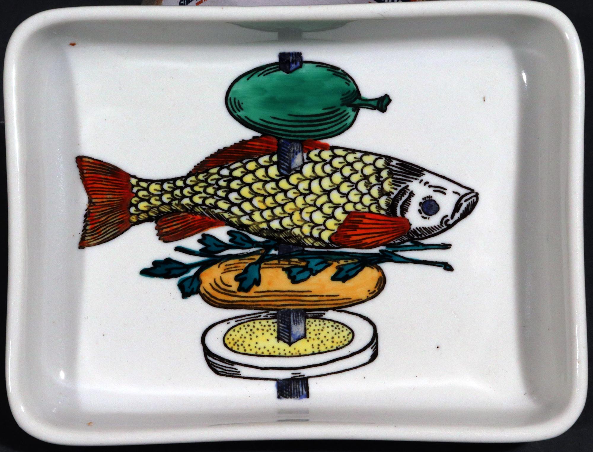Aluminum Mid-century Modern Piero Fornasetti Ceramic Appetizer Fish Kebab Dishes and Tray For Sale