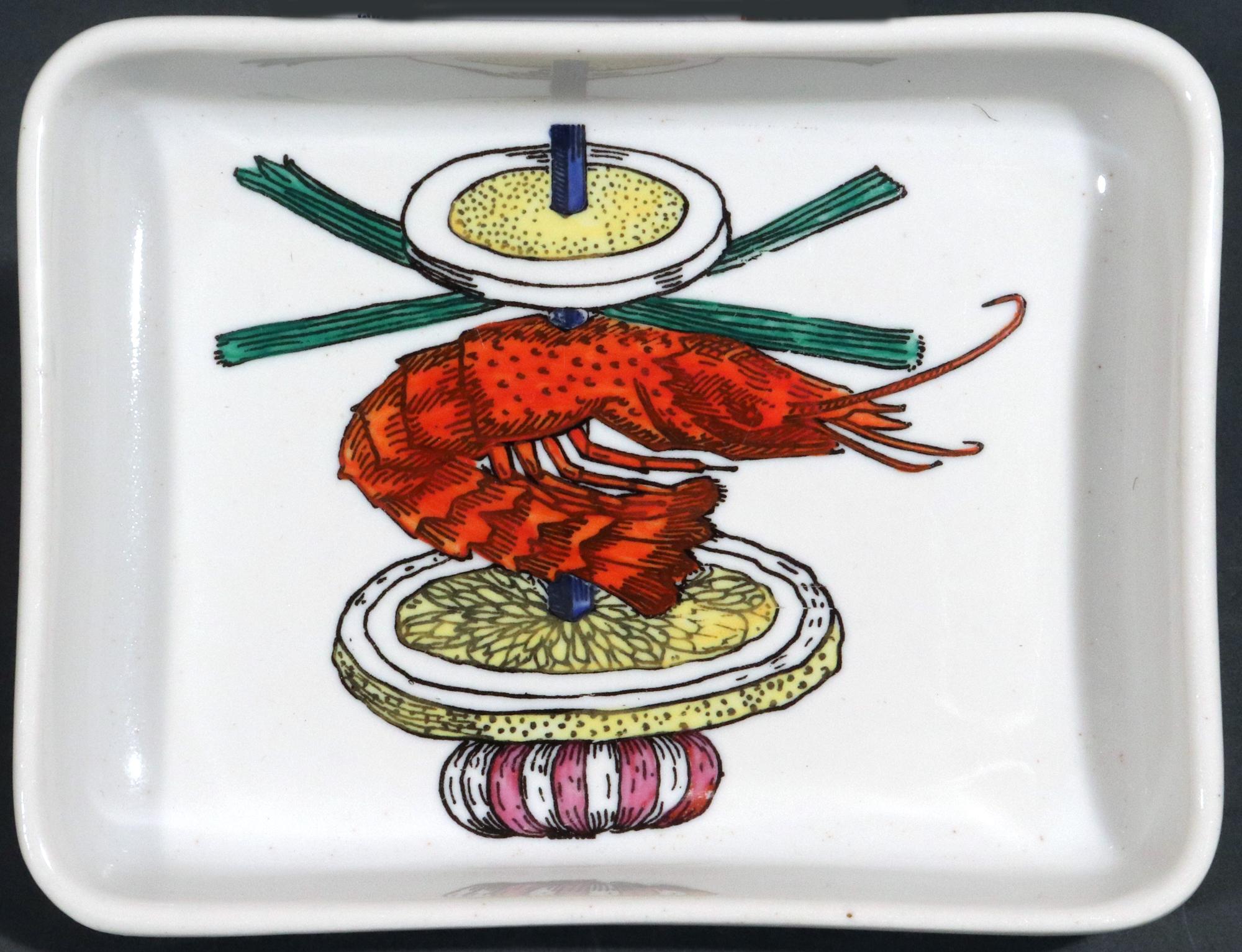 Mid-century Modern Piero Fornasetti Ceramic Appetizer Fish Kebab Dishes and Tray For Sale 1