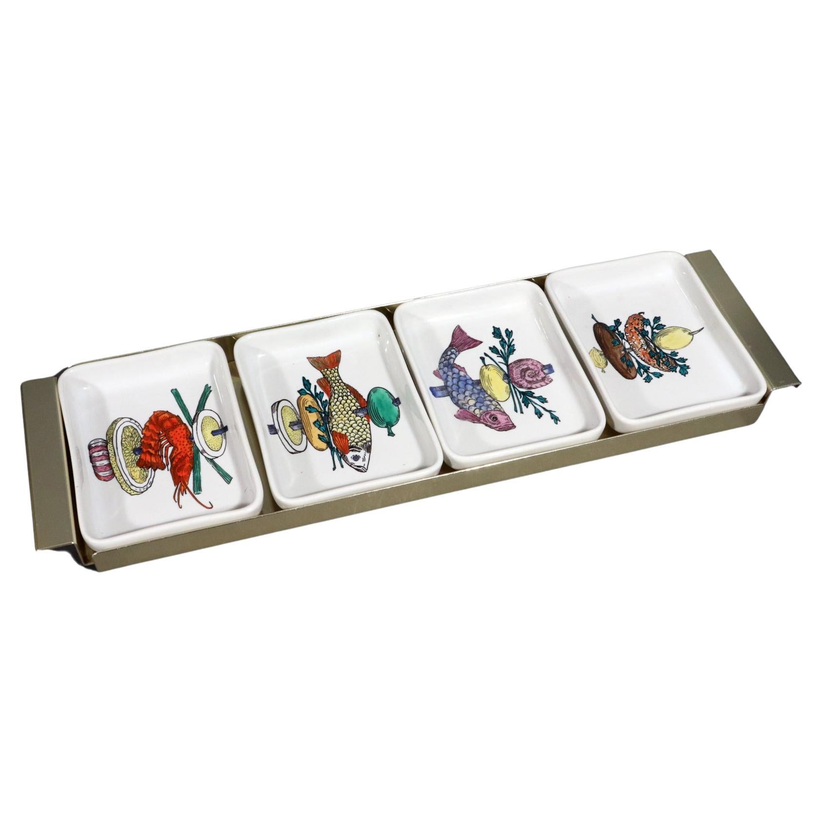 Mid-century Modern Piero Fornasetti Ceramic Appetizer Fish Kebab Dishes and Tray For Sale