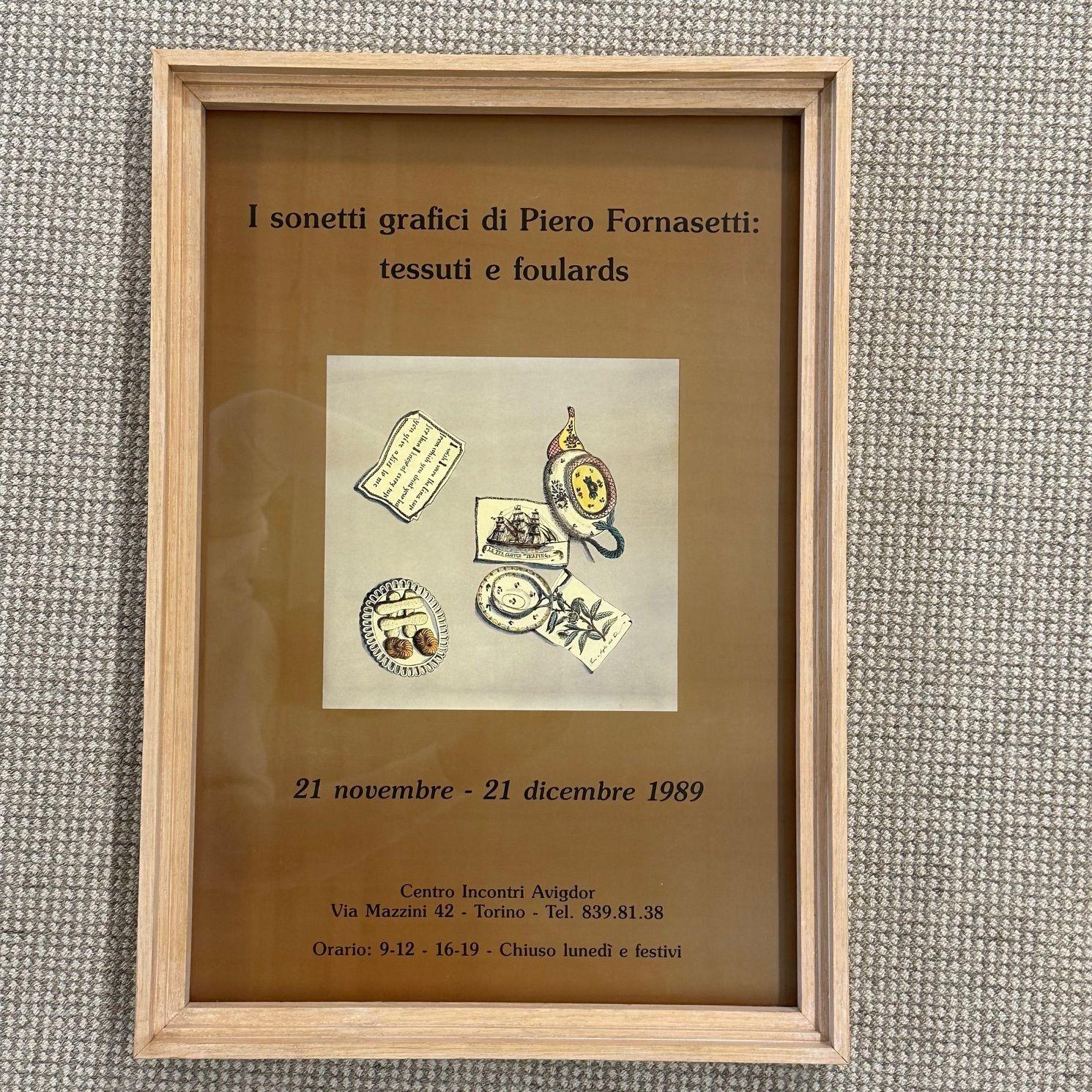 Italian Piero Fornasetti, Mid-Century Modern, Exhibition Poster, Paper, Light Wood Frame For Sale