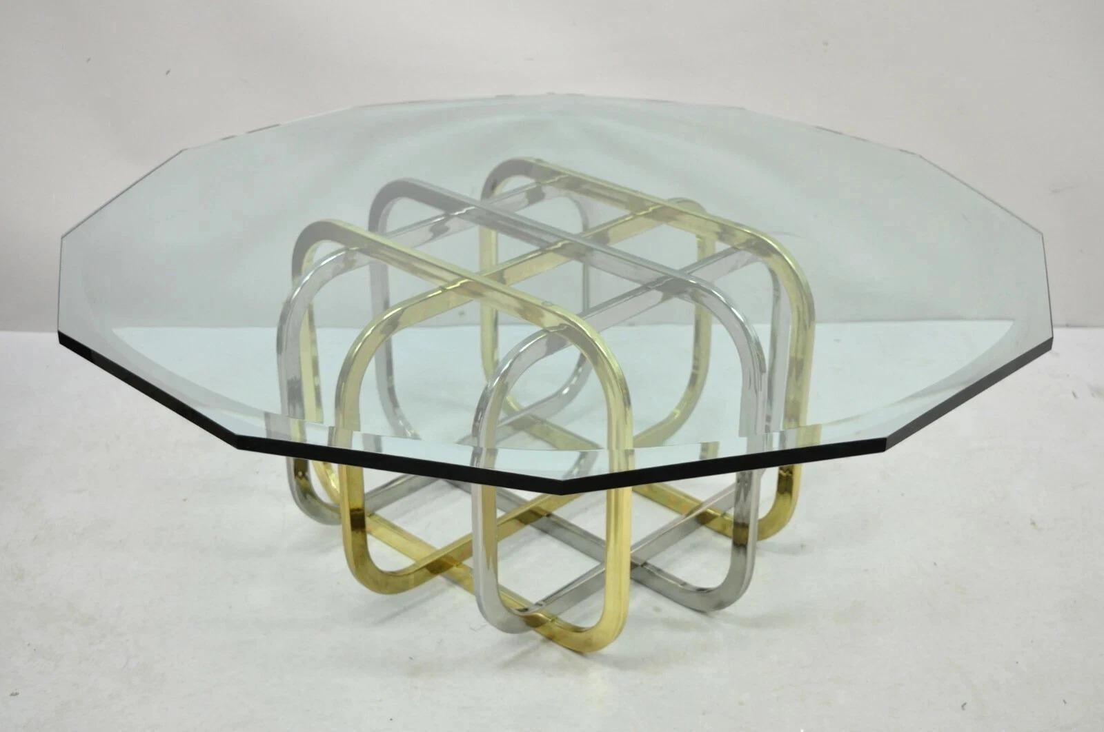Mid Century Modern Pierre Cardin Style Brass & Chrome Glass Top Coffee Table For Sale 5