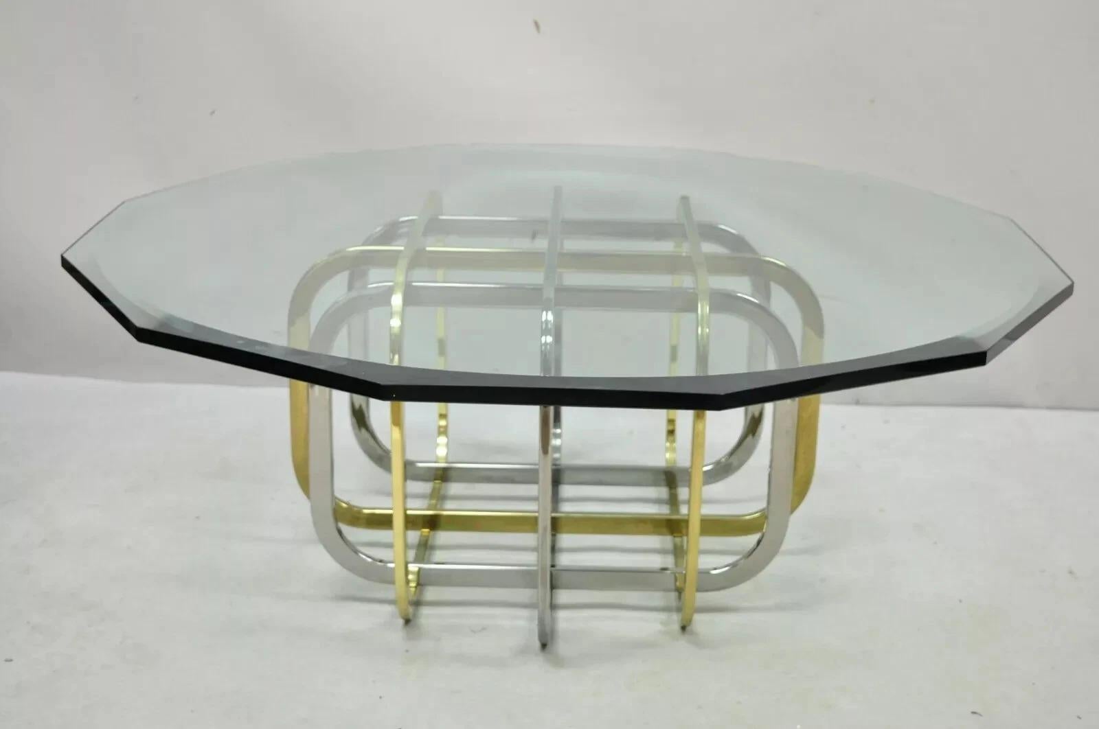 Mid-Century Modern Mid Century Modern Pierre Cardin Style Brass & Chrome Glass Top Coffee Table For Sale