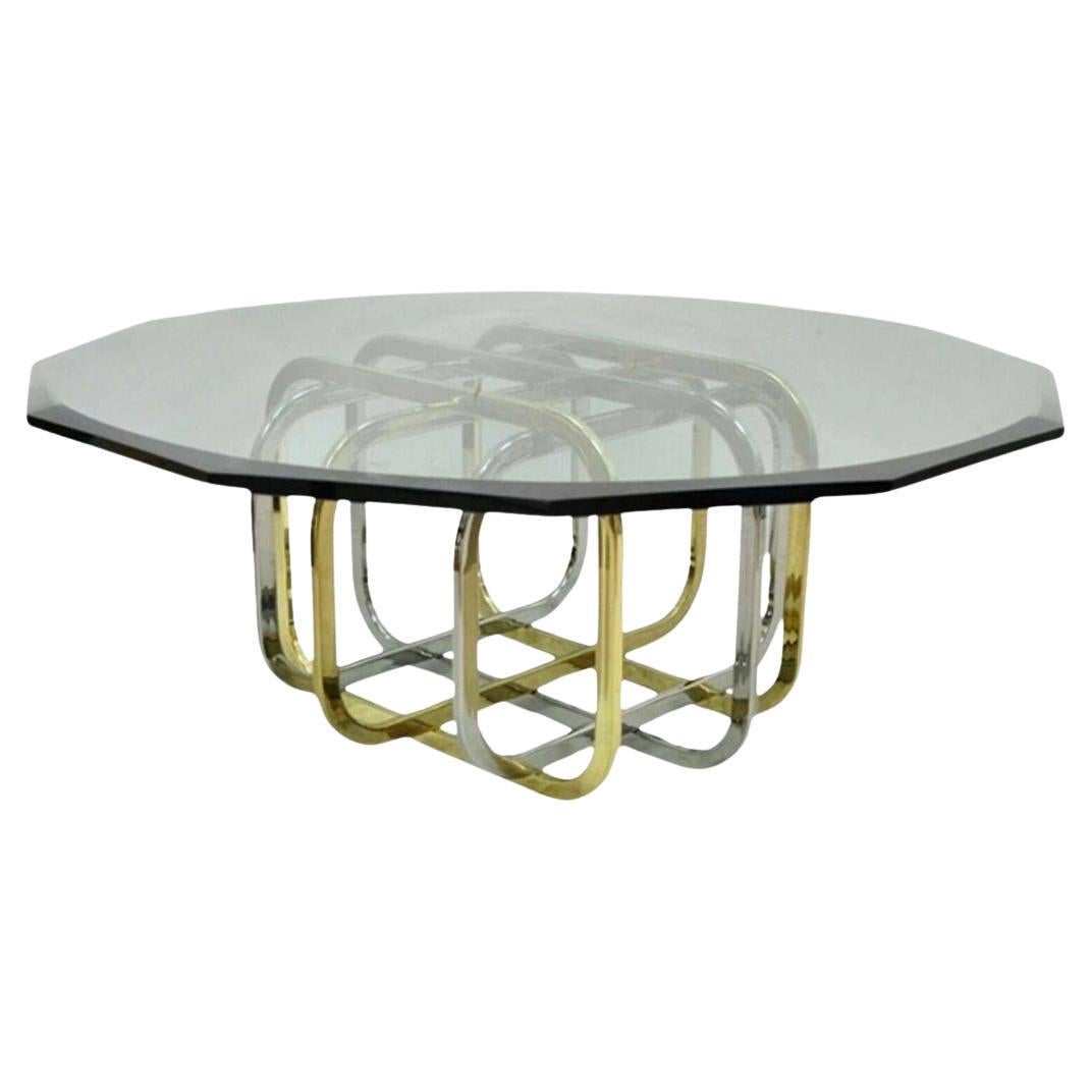 Mid Century Modern Pierre Cardin Style Brass & Chrome Glass Top Coffee Table For Sale