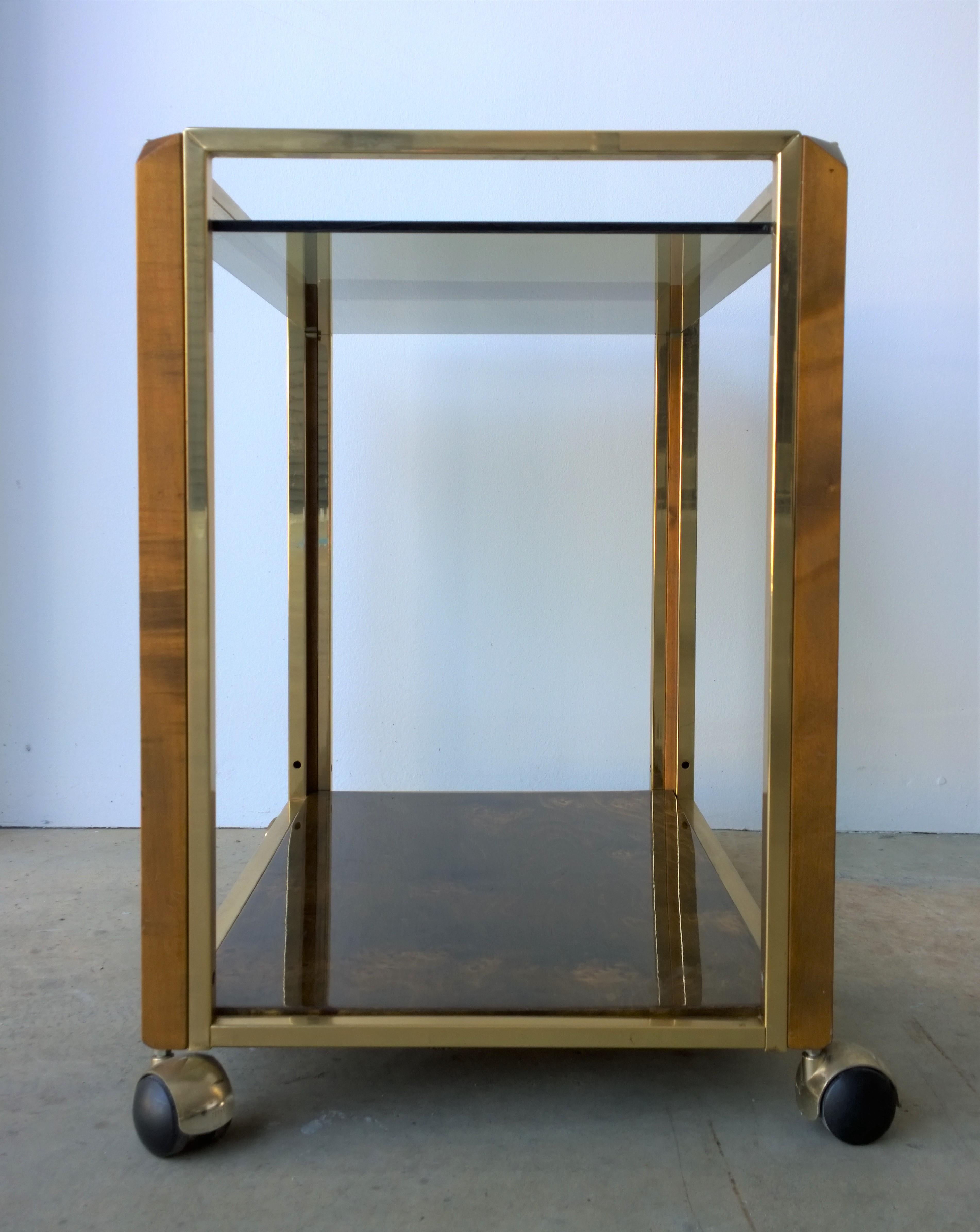 Pierre Cardin Style Brass, Glass & Lacquered Burl Veneer Bar Cart / Serving Cart For Sale 1