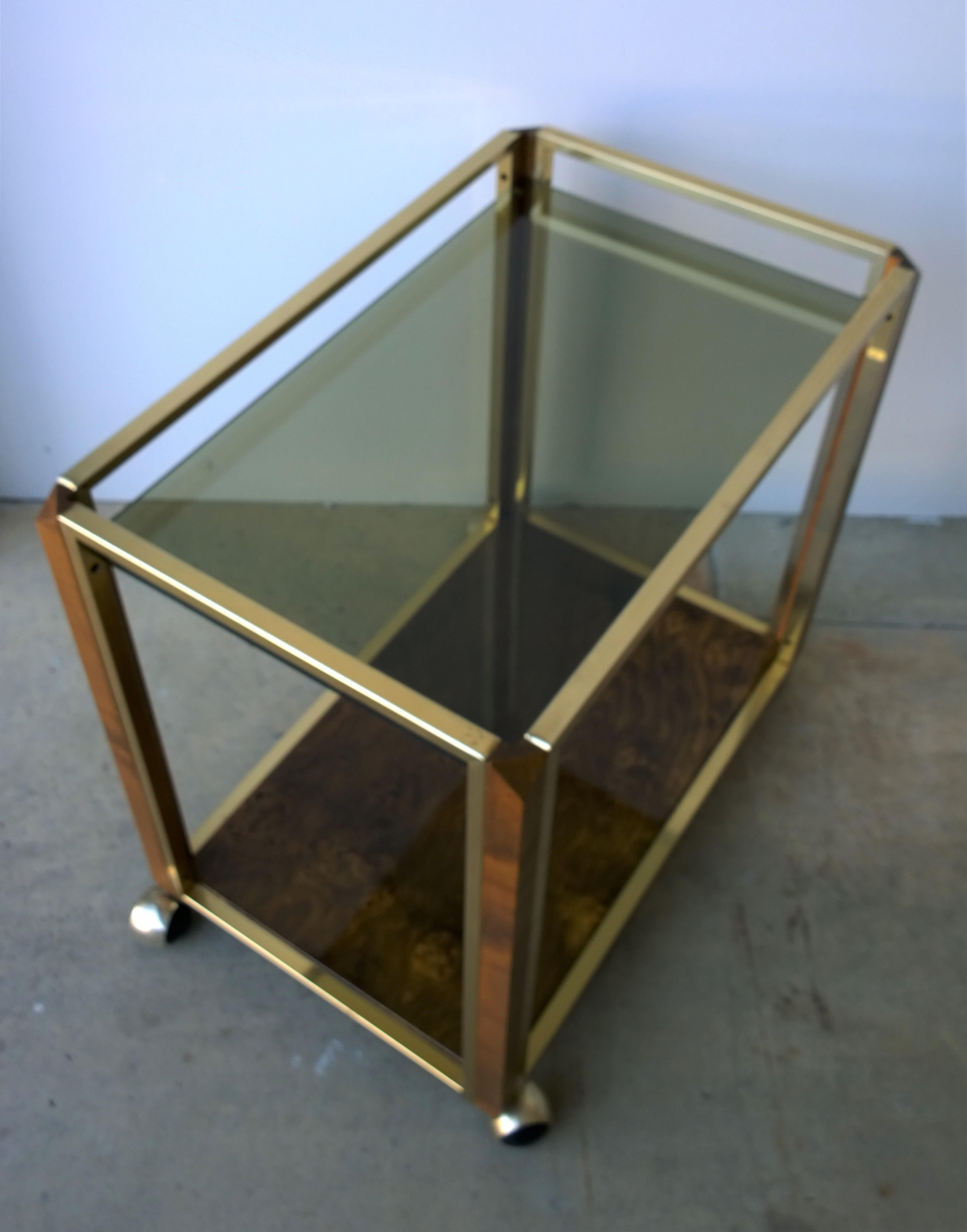 Pierre Cardin Style Brass, Glass & Lacquered Burl Veneer Bar Cart / Serving Cart For Sale 2