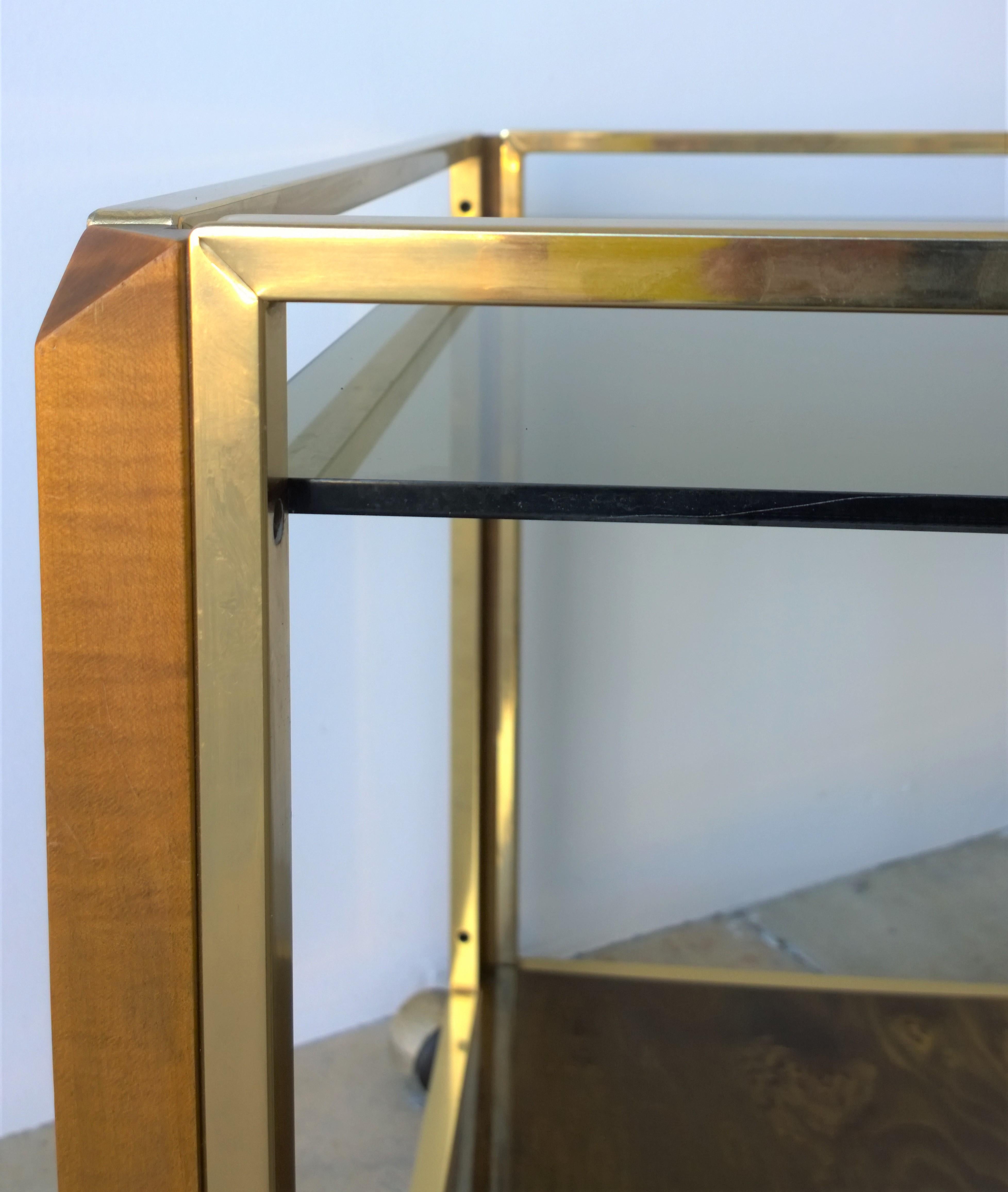 Pierre Cardin Style Brass, Glass & Lacquered Burl Veneer Bar Cart / Serving Cart For Sale 9
